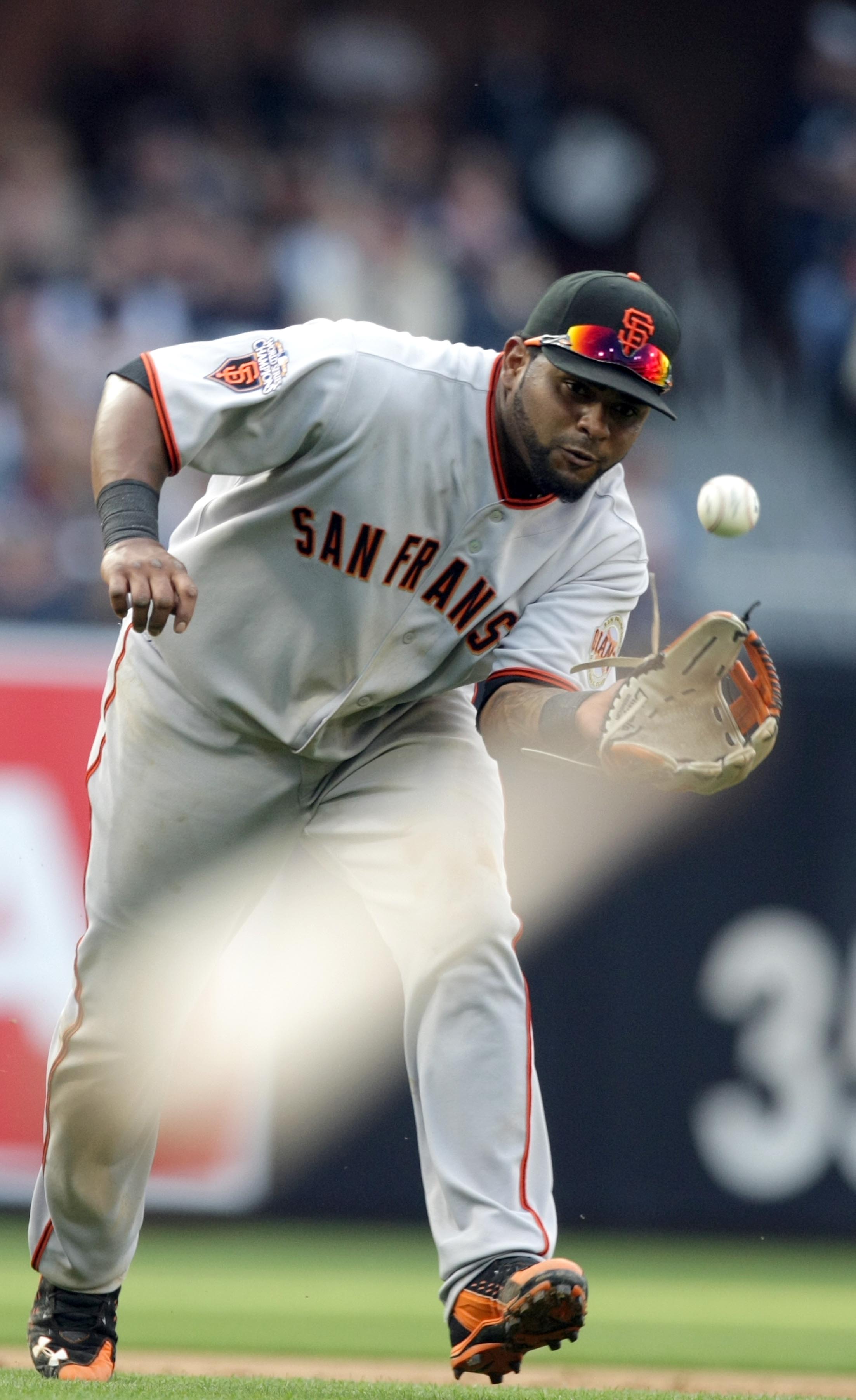 SAN DIEGO, CA - APRIL 5:  Pablo Sandoval #48 of the San Francisco Giants fields a ball against the San Diego Padres during their MLB Game at Petco Park on April 5, 2011 in San Diego, California. (Photo by Donald Miralle/Getty Images)
