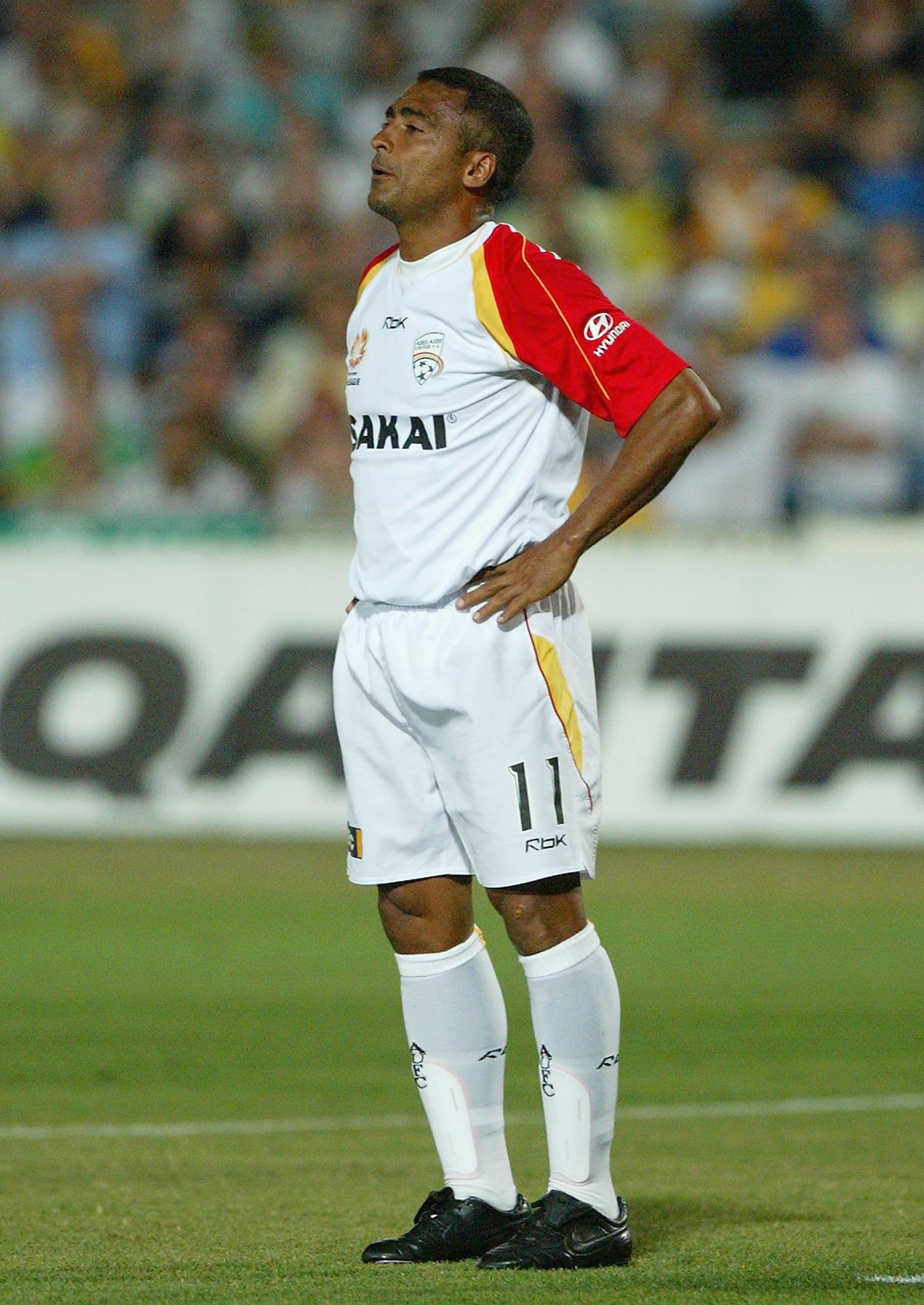 GOSFORD, AUSTRALIA - NOVEMBER 25:  Romario of Adelaide looks dejected after missing a chance during the round fourteen Hyundai A-League match between the Central Coast Mariners and Adelaide United at Bluetongue Central Coast Stadium November 25, 2006 in G