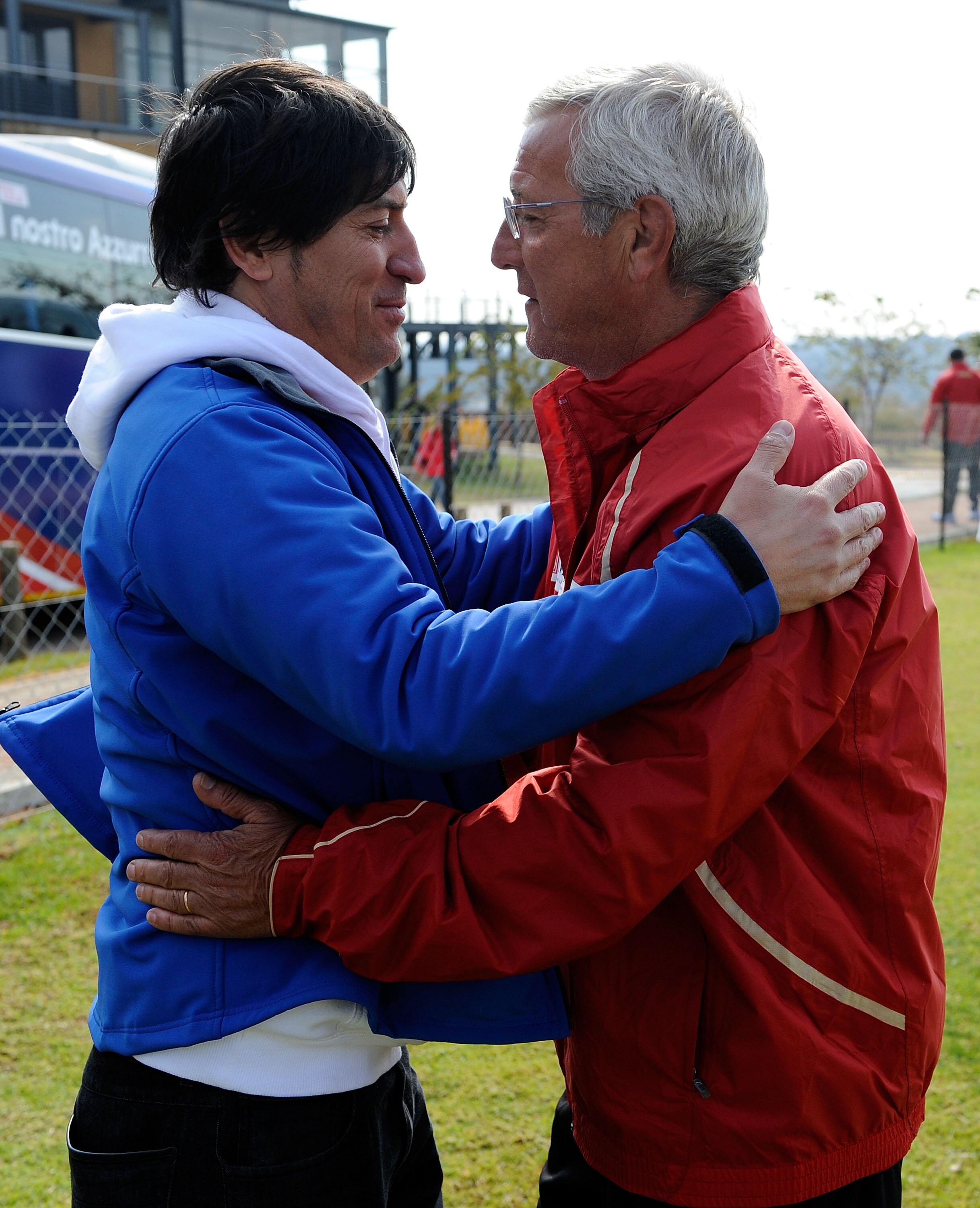 CENTURION, SOUTH AFRICA - JUNE 10:  Ivan Zamorano and Italy head coach Marcello Lippi  after training on June 10, 2010 in Centurion, South Africa.  (Photo by Giuseppe Bellini/Getty Images)