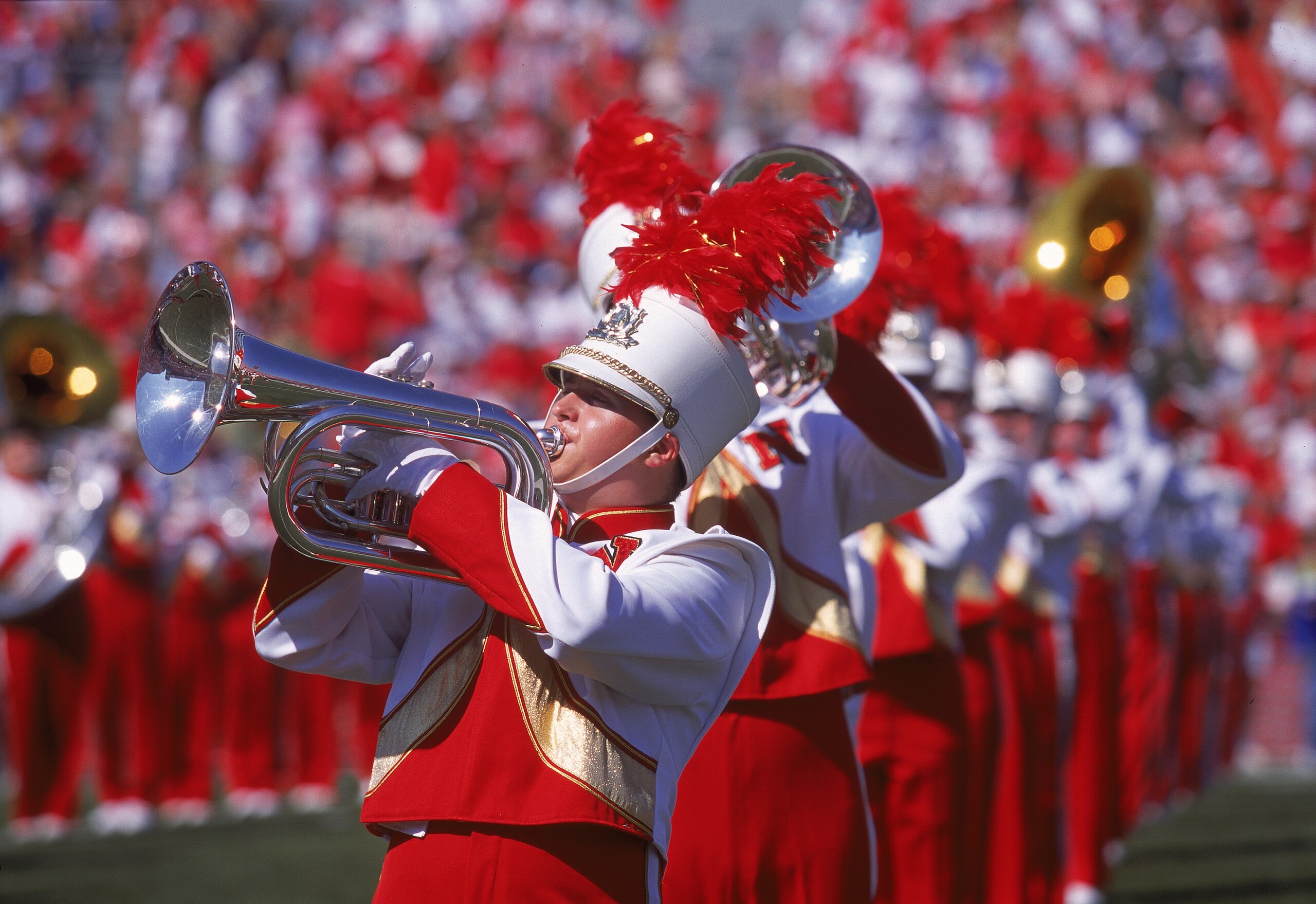 2 Sep 2000: A general view of a marching band member for the Nebraska Cornhuskers being raised up at the half-time show during the game against the San Jose State Spartans at the Memorial Stadium in Lincoln, Nebraska. The Cornhuskers defeated the Spartan 2 Sep 2000: A general view of a marching band member for the Nebraska Cornhuskers being raised up at the half-time show during the game against the San Jose State Spartans at the Memorial Stadium in Lincoln, Nebraska. The Cornhuskers defeated the Spartan