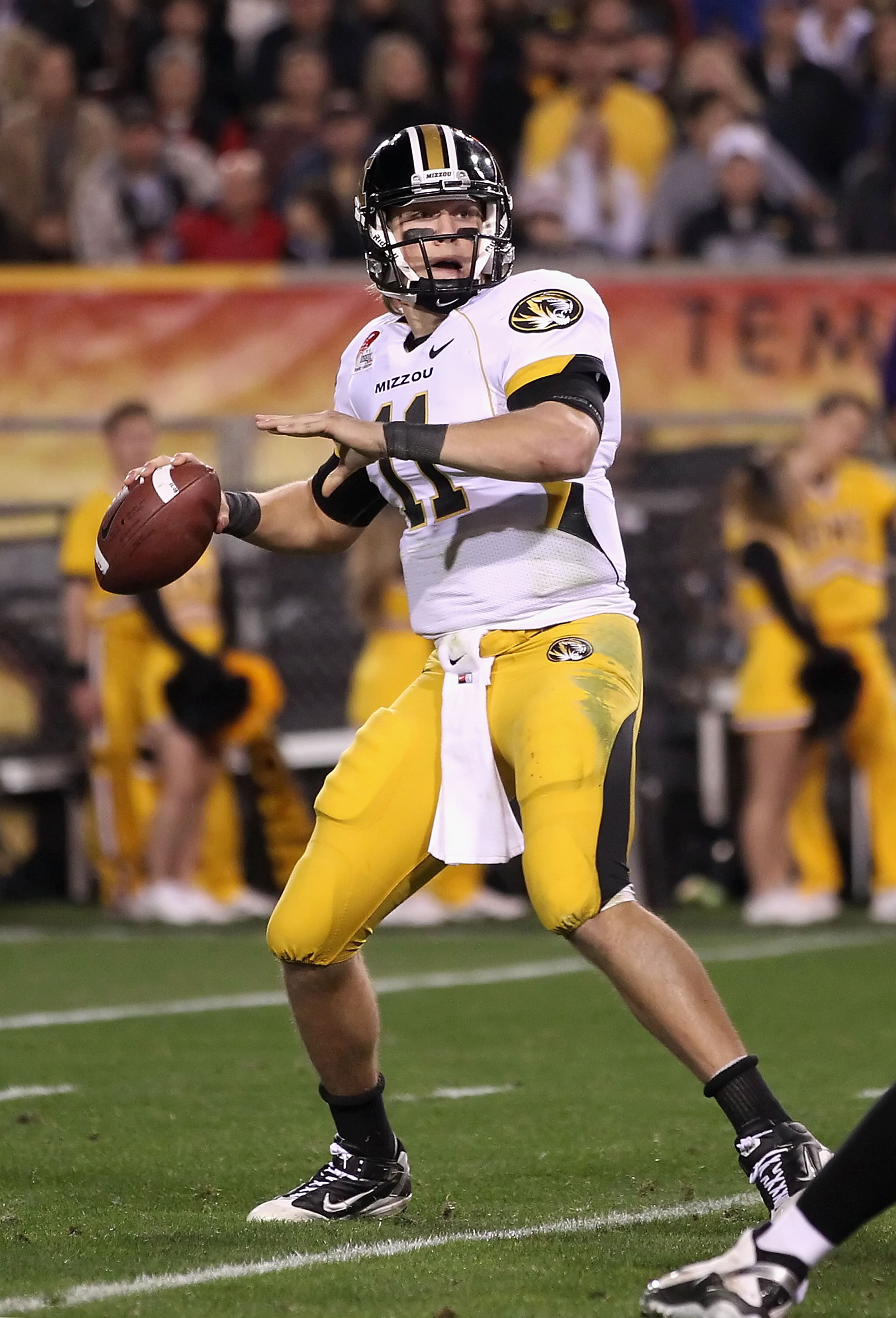 TEMPE, AZ - DECEMBER 28: Quarterback Blaine Gabbert #11 of the Missouri Tigers drops back to pass during the Insight Bowl against the Iowa Hawkeyes at Sun Devil Stadium on December 28, 2010 in Tempe, Arizona. The Hawkeyes defeated the Tigers 27-24. (P TEMPE, AZ - DECEMBER 28: Quarterback Blaine Gabbert #11 of the Missouri Tigers drops back to pass during the Insight Bowl against the Iowa Hawkeyes at Sun Devil Stadium on December 28, 2010 in Tempe, Arizona. The Hawkeyes defeated the Tigers 27-24. (P