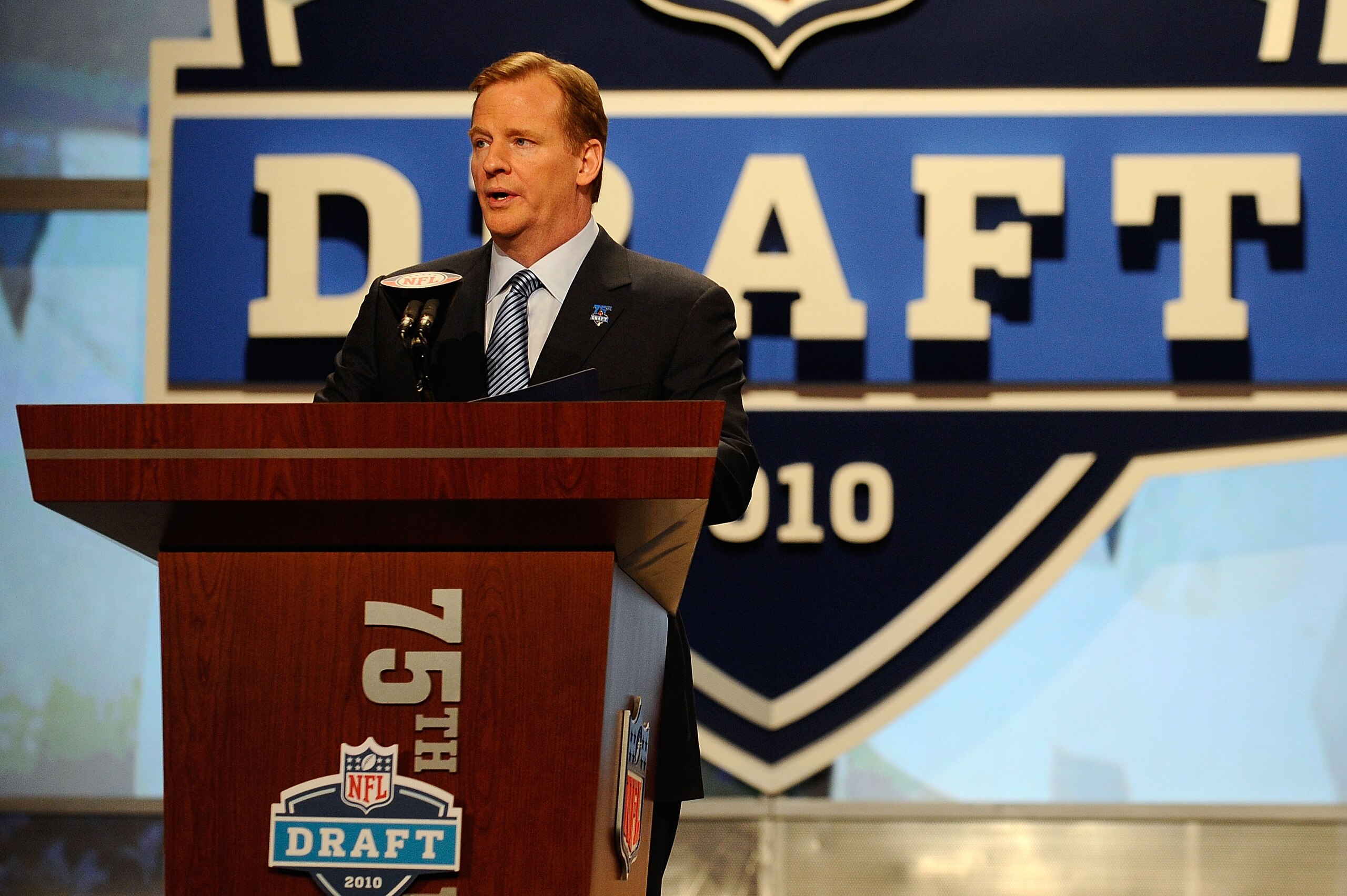 NEW YORK - APRIL 22: NFL Commissioner Roger Goodell speaks at the podium on stage during the first round of the 2010 NFL Draft at Radio City Music Hall on April 22, 2010 in New York City. (Photo by Jeff Zelevansky/Getty Images) NEW YORK - APRIL 22: NFL Commissioner Roger Goodell speaks at the podium on stage during the first round of the 2010 NFL Draft at Radio City Music Hall on April 22, 2010 in New York City. (Photo by Jeff Zelevansky/Getty Images)