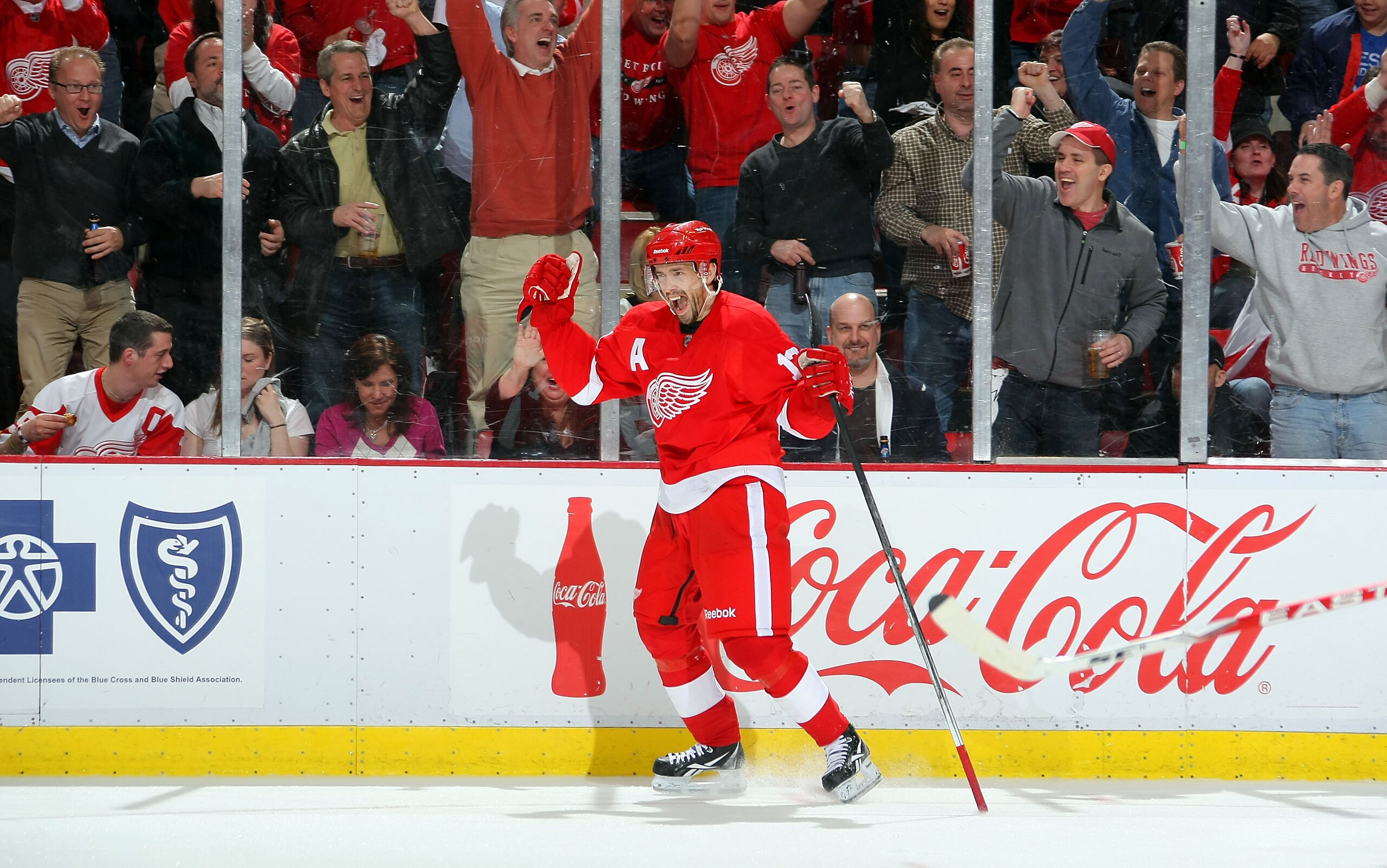 DETROIT,MI- APRIL 13:  Pavel Datsyuk #13 of the Detroit Red Wings celebrates his 2nd period goal against the Phoenix Coyotes in Game One of the Western Conference Quarterfinals during the 2011 NHL Stanley Cup Playoffs at at Joe Louis Arena on April 13, 20