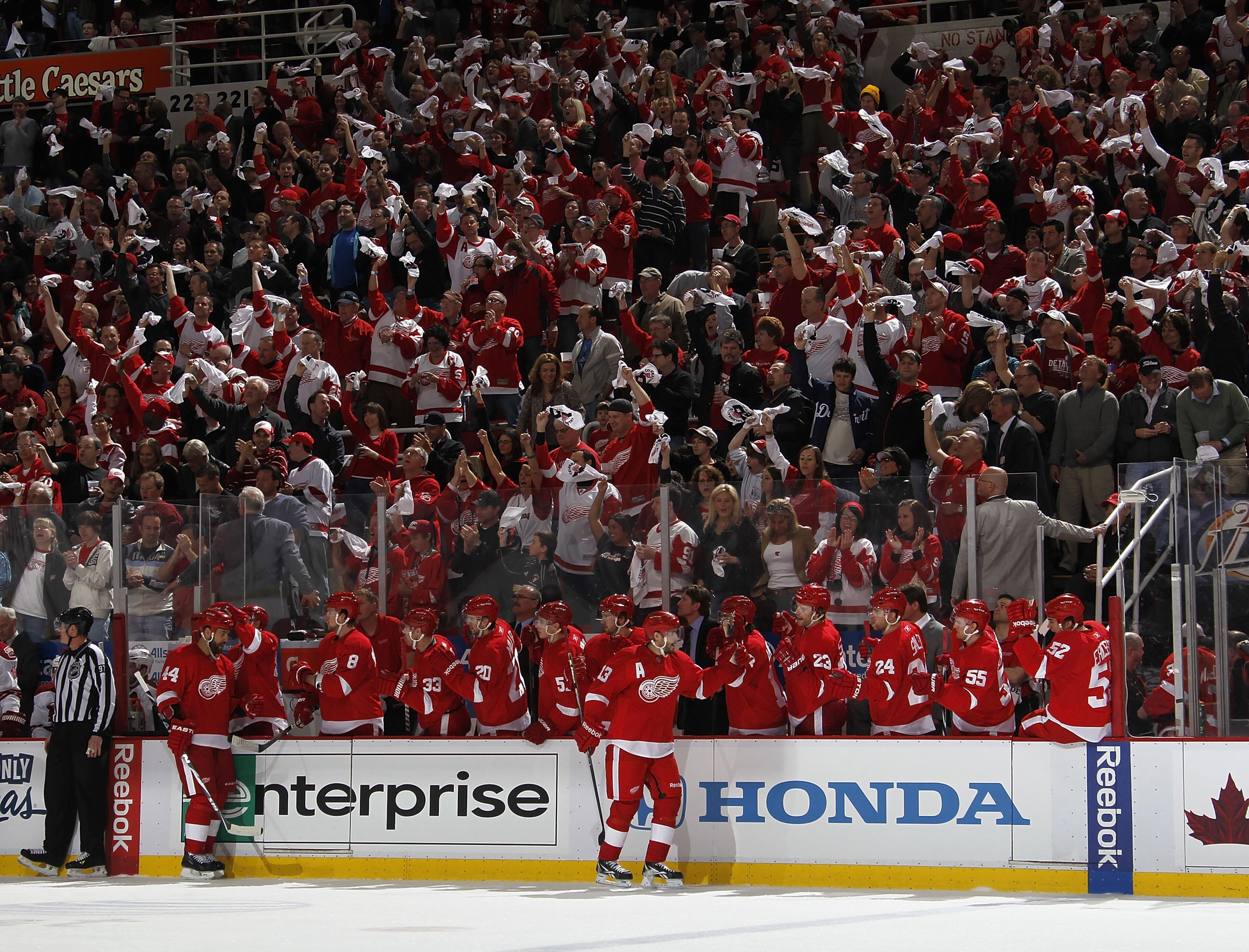 DETROIT, MI - APRIL 16: Pavel Datsyuk #13 of the Detroit Red Wings celebrates a first-period goal with the bench while playing the Phoenix Coyotes in Game Two of the Western Conference Quarterfinals during the 2011 Stanley Cup Playoffs at Joe Louis Arena