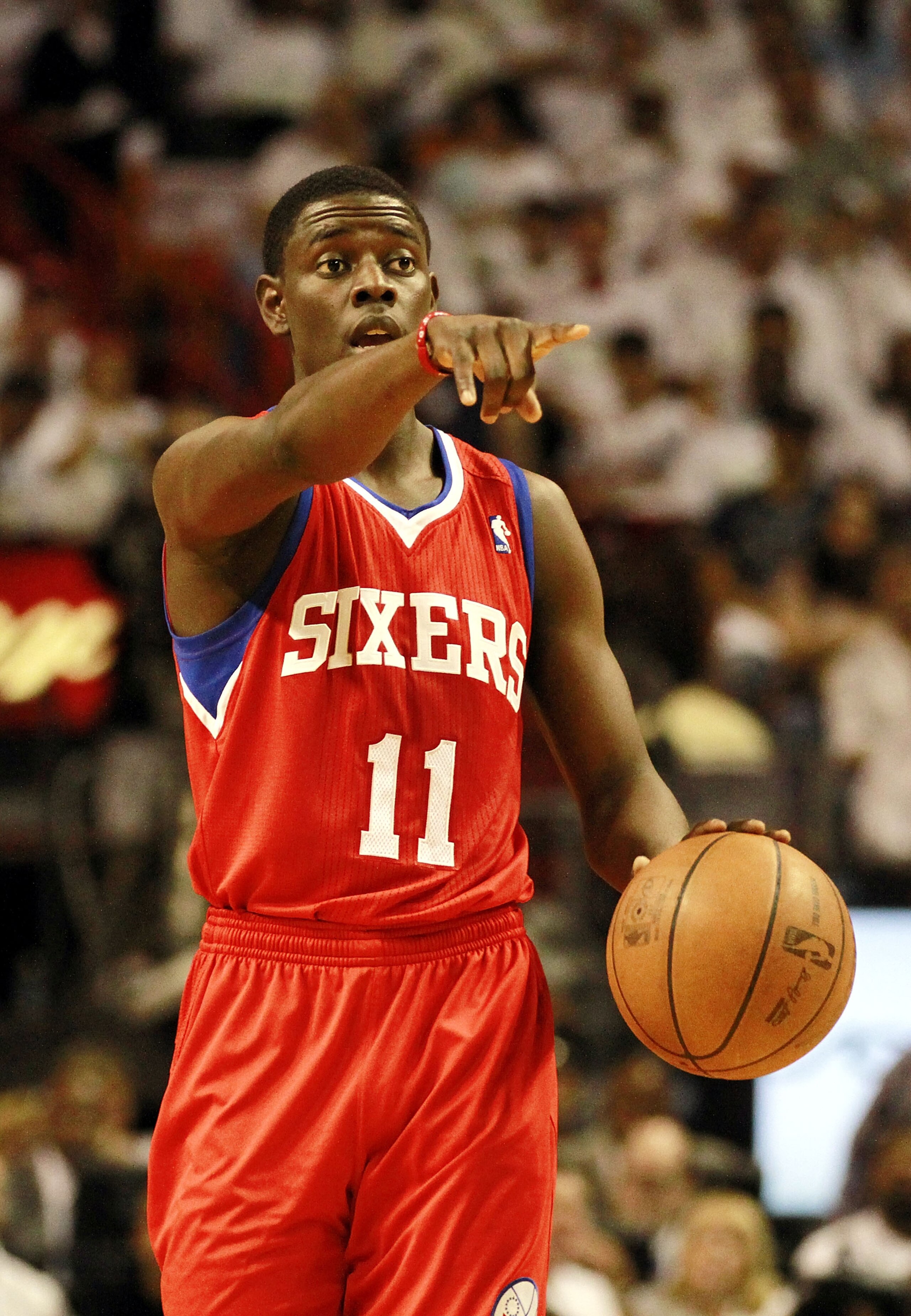 MIAMI, FL - APRIL 16: Guard Jrue Holiday #11 of the Philadelphia 76ers shouts during a game against the Maim Heat at the American Airlines Arena in game one of the Eastern Conference Quarterfinals in the 2011 NBA Playoffs on April 16, 2011 in Miami, Flori