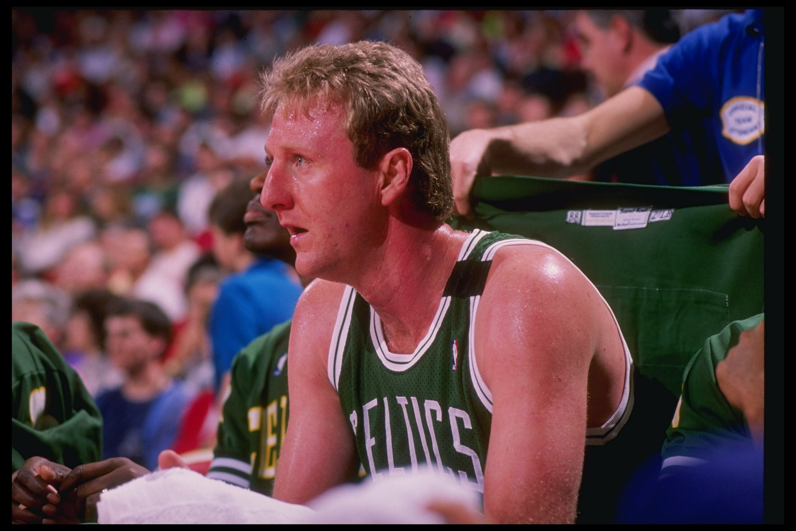 Forward Larry Bird of the Boston Celtics sits on the bench during a game. Forward Larry Bird of the Boston Celtics sits on the bench during a game.