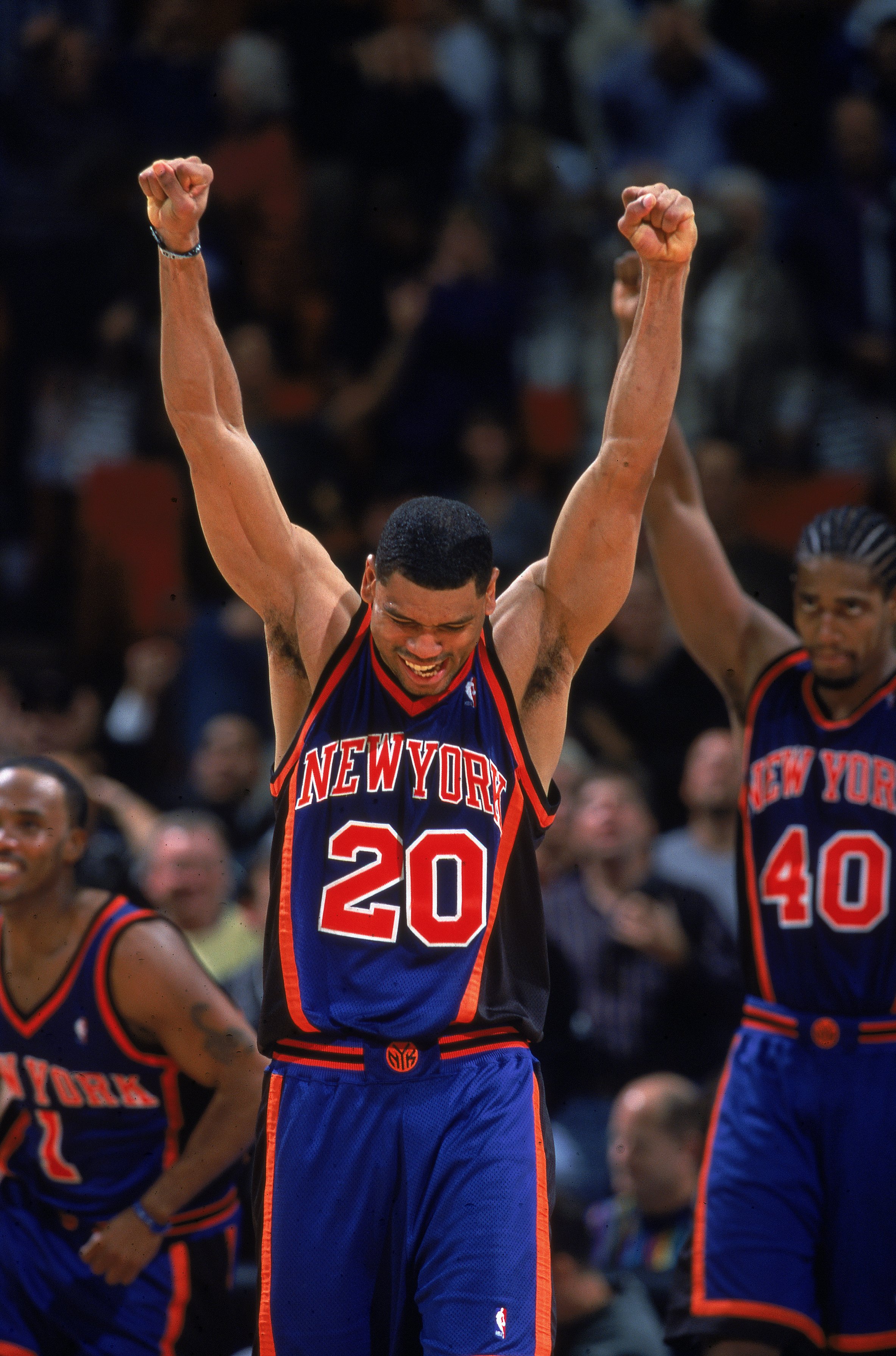 21 Nov 2000:  Allan Houston #20 of the Orlando Magic celebrates on the court during the game against the New York Knicks at the TD Waterhouse Centre in Orlando, Florida. The Knicks defeated the Magic 85-84.    NOTE TO USER: It is expressly understood that