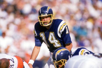 SAN DIEGO -1987: Dan Fouts #14 of the San Diego Chargers stands at the line of scrimmage during the 1987 NFL season game against the Cleveland Browns at Jack Murphy Stadium in San Diego, California. ( Photo by: Stephen Dunn/Getty Images)