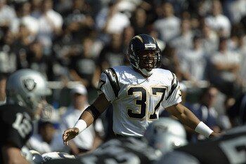 OAKLAND, CA - OCTOBER 20:  Rodney Harrison #37 of the San Diego Chargers gets ready to move at the snap during the game against the Oakland Raiders on October 20,  2002 at Network Associates Coliseum in Oakland, California. The Chargers won 27-21 in overt
