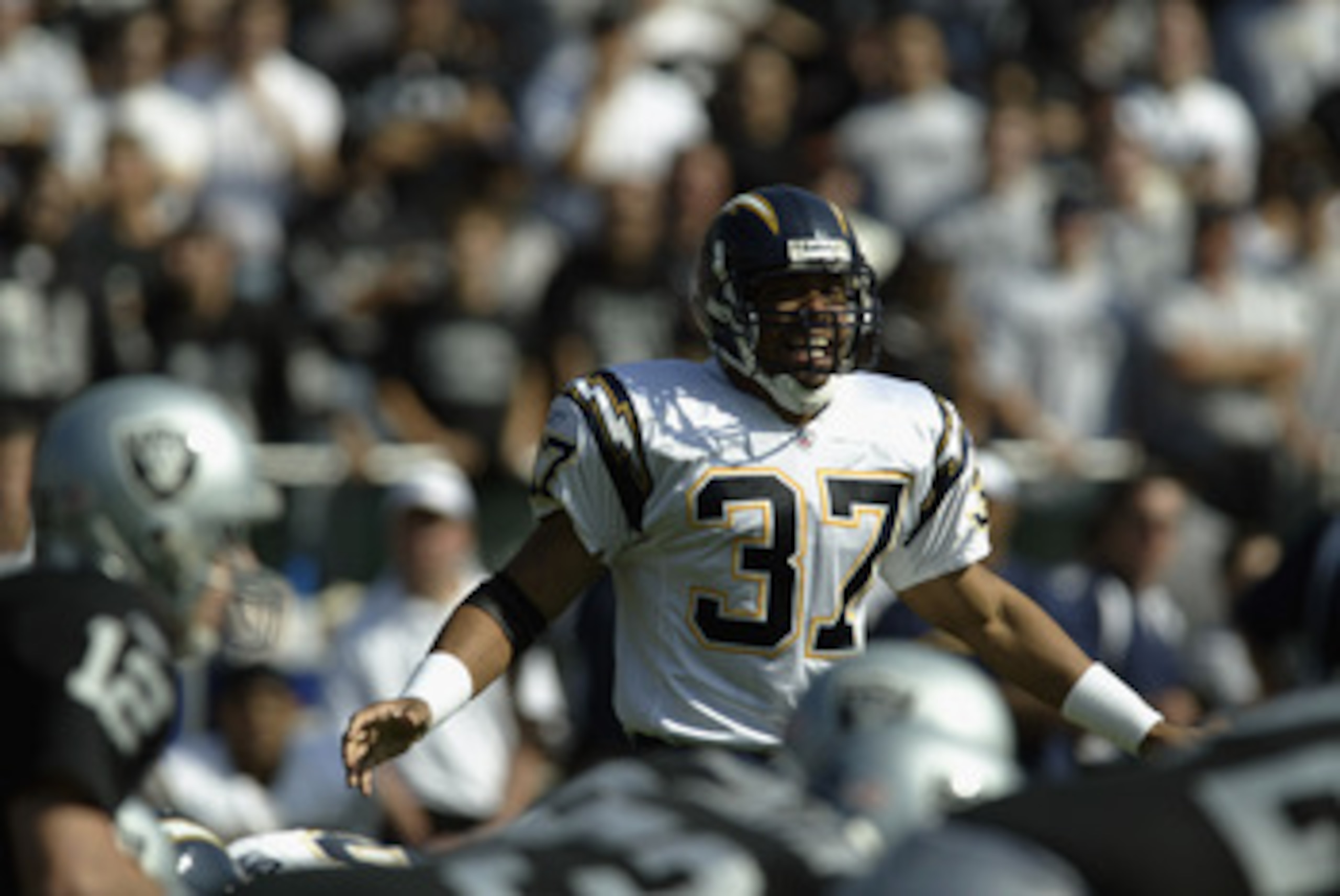 OAKLAND, CA - OCTOBER 20:  Rodney Harrison #37 of the San Diego Chargers gets ready to move at the snap during the game against the Oakland Raiders on October 20,  2002 at Network Associates Coliseum in Oakland, California. The Chargers won 27-21 in overt