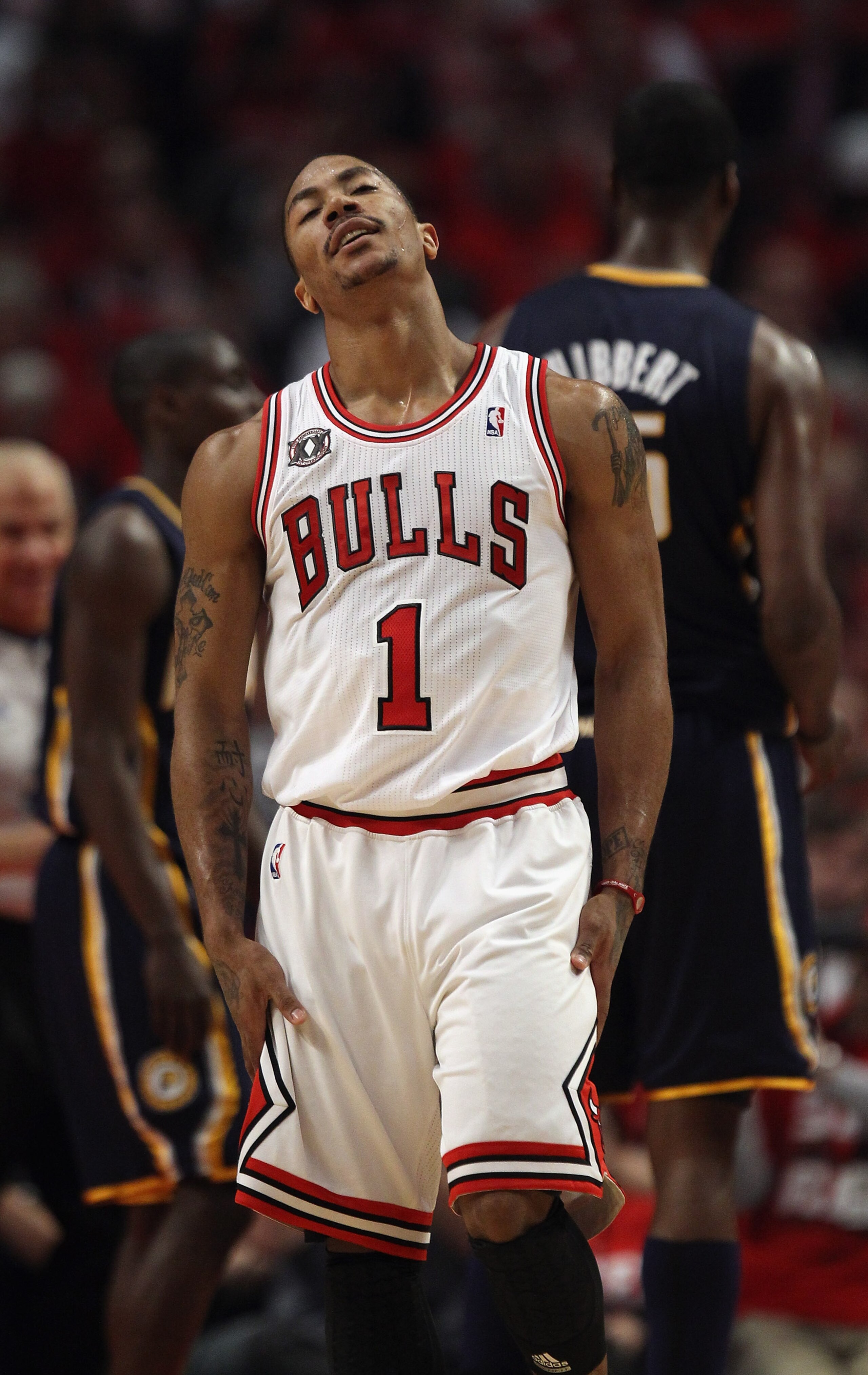 CHICAGO, IL - APRIL 16: Derrick Rose #1 of the Chicago Bulls reacts after missing a three-point shot against the Indiana Pacers in Game One of the Eastern Conference Quarterfinals in the 2011 NBA Playoffs at the United Center on April 16, 2011 in Chicago, CHICAGO, IL - APRIL 16: Derrick Rose #1 of the Chicago Bulls reacts after missing a three-point shot against the Indiana Pacers in Game One of the Eastern Conference Quarterfinals in the 2011 NBA Playoffs at the United Center on April 16, 2011 in Chicago,