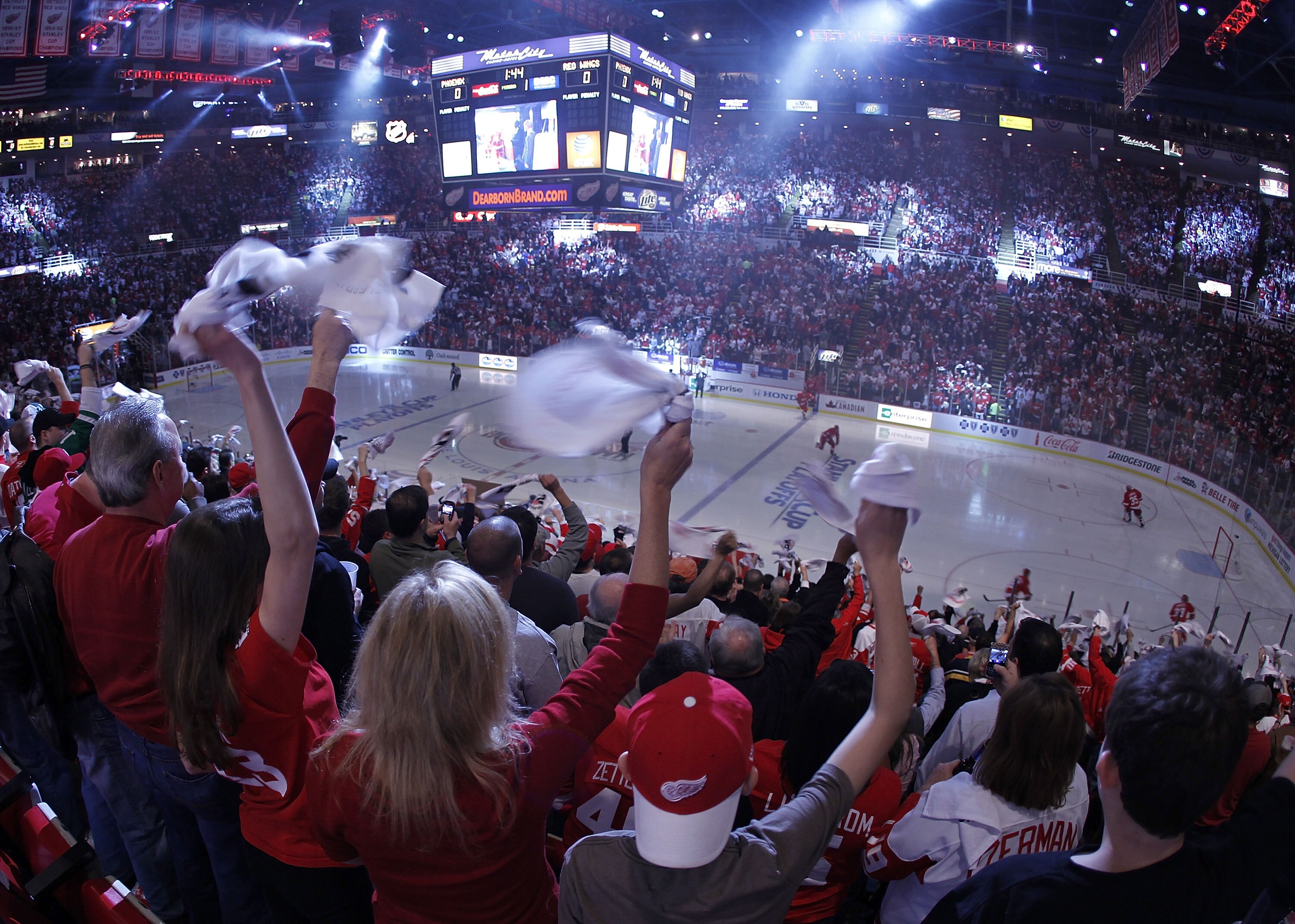 DETROIT, MI - APRIL 16:  Fans wave rally towls prior to the Detroit Red Wings playing the Phoenix Coyotes in Game Two of the Western Conference Quarterfinals during the 2011 Stanley Cup Playoffs at Joe Louis Arena on April 16, 2011 in Detroit, Michigan.