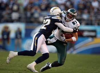 SAN DIEGO, CA - NOVEMBER 15:   Tight-End Brent Celek #87 of the Philadelphia Eagles is tackled after the catch by Eric Weddle #32 of the San Diego Chargers during the NFL football game on November 15, 2009 at Qualcomm Stadium in San Diego, California. Cha