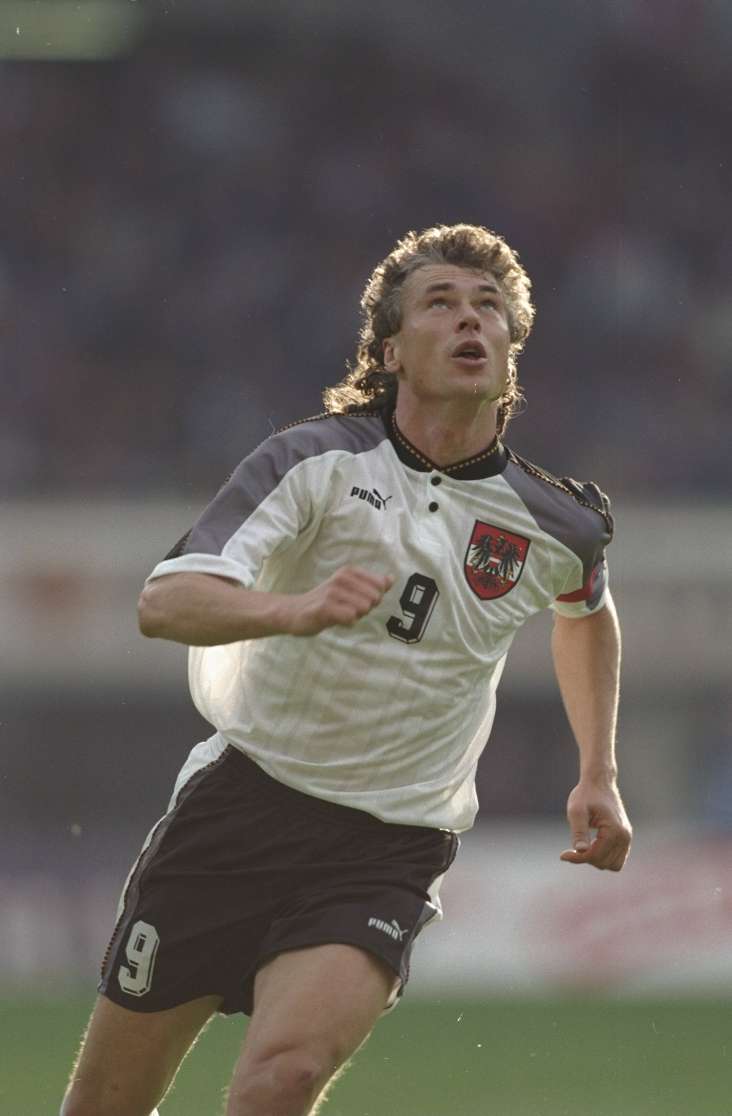 10 Oct 1997:  Anton Polster of Austria keeps an eye on the ball during the World Cup qualifying match against Belarus in Vienna, Austria. Austria won the match 4-0. \ Mandatory Credit: Mark  Thompson/Allsport