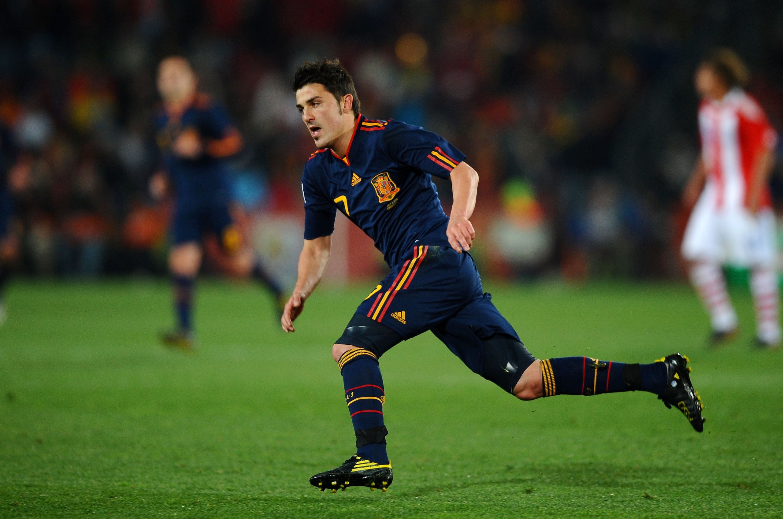 JOHANNESBURG, SOUTH AFRICA - JULY 03:  David Villa of Spain in action during the 2010 FIFA World Cup South Africa Quarter Final match between Paraguay and Spain at Ellis Park Stadium on July 3, 2010 in Johannesburg, South Africa.  (Photo by Laurence Griff