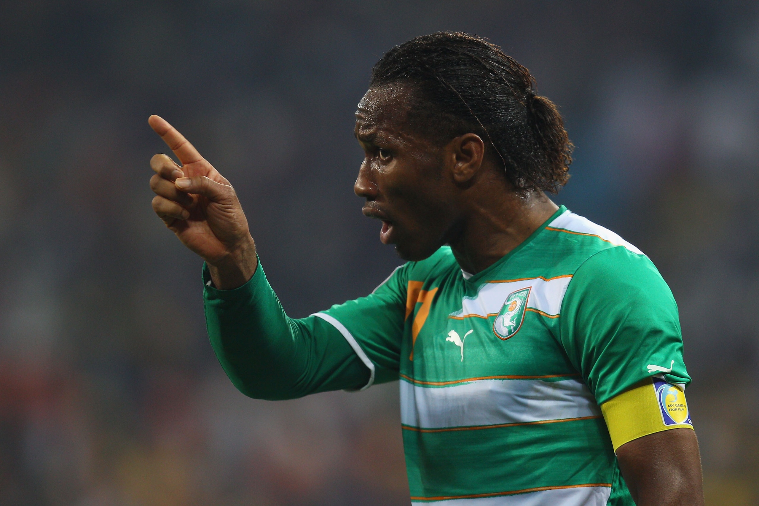 NELSPRUIT, SOUTH AFRICA - JUNE 25:  Didier Drogba of the Ivory Coast gestures during the 2010 FIFA World Cup South Africa Group G match between North Korea and Ivory Coast at the Mbombela Stadium on June 25, 2010 in Nelspruit, South Africa.  (Photo by Cam