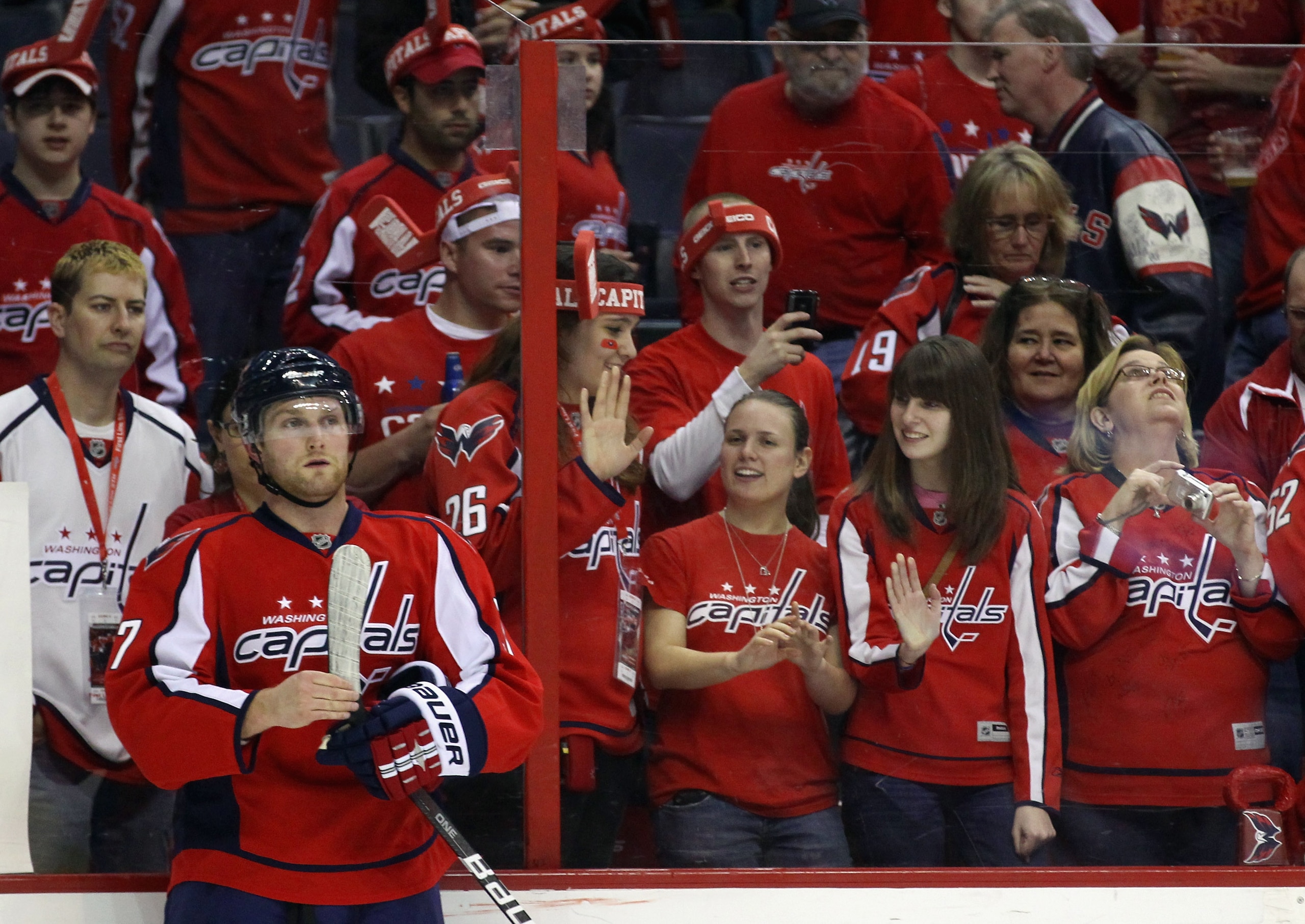 WASHINGTON, DC - APRIL 15: Karl Alzner #27 of the Washington Capitals skates in warmups prior to the game against the New York Rangers in Game Two of the Eastern Conference Quarterfinals during the 2011 NHL Stanley Cup Playoffs at Verizon Center on April