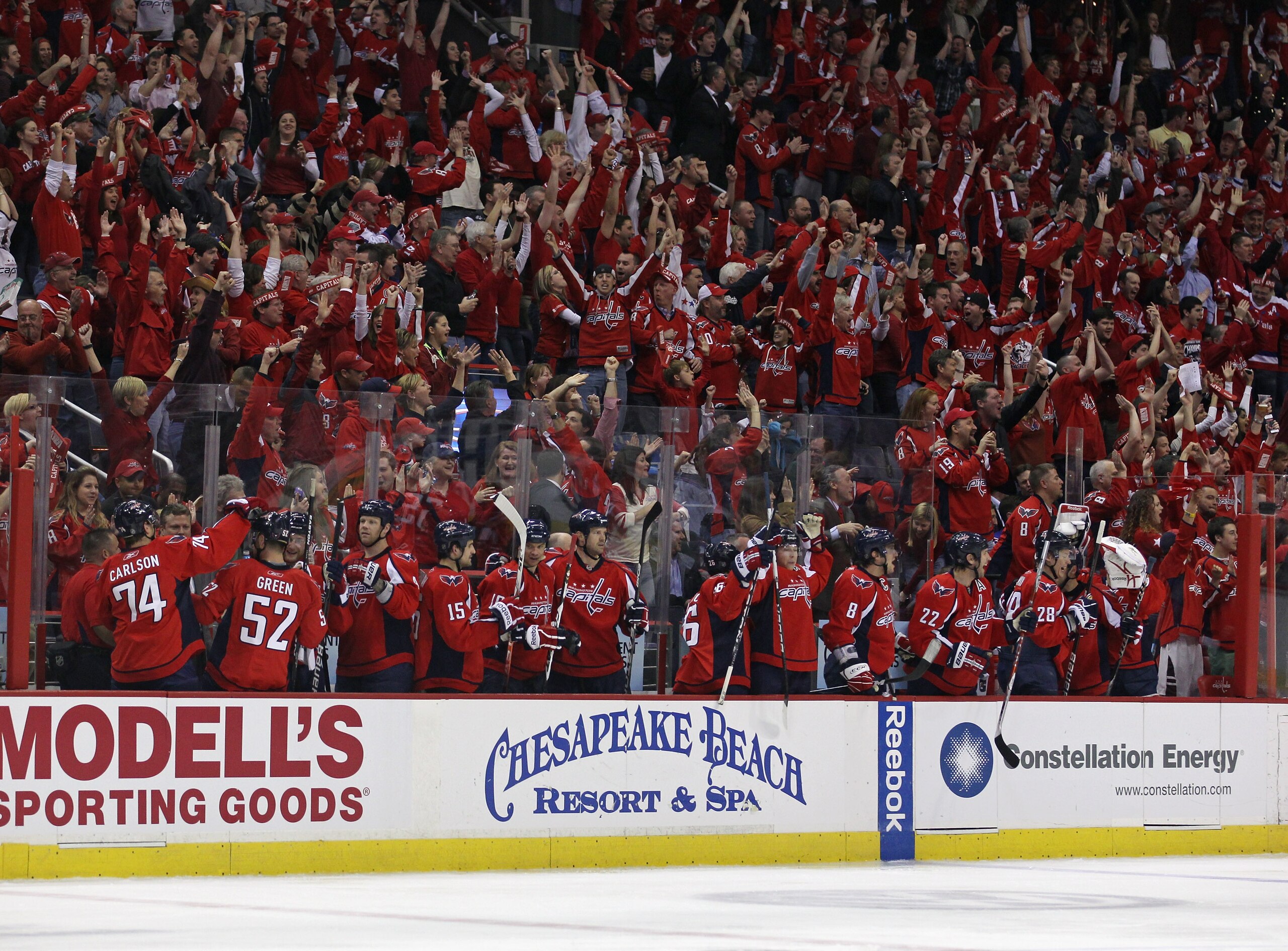 WASHINGTON, DC - APRIL 15: The Washington Capitals celebrate a goal by Jason Chimera #25 at 2:11 of the second period against the New York Rangers in Game Two of the Eastern Conference Quarterfinals during the 2011 NHL Stanley Cup Playoffs at Verizon Cent