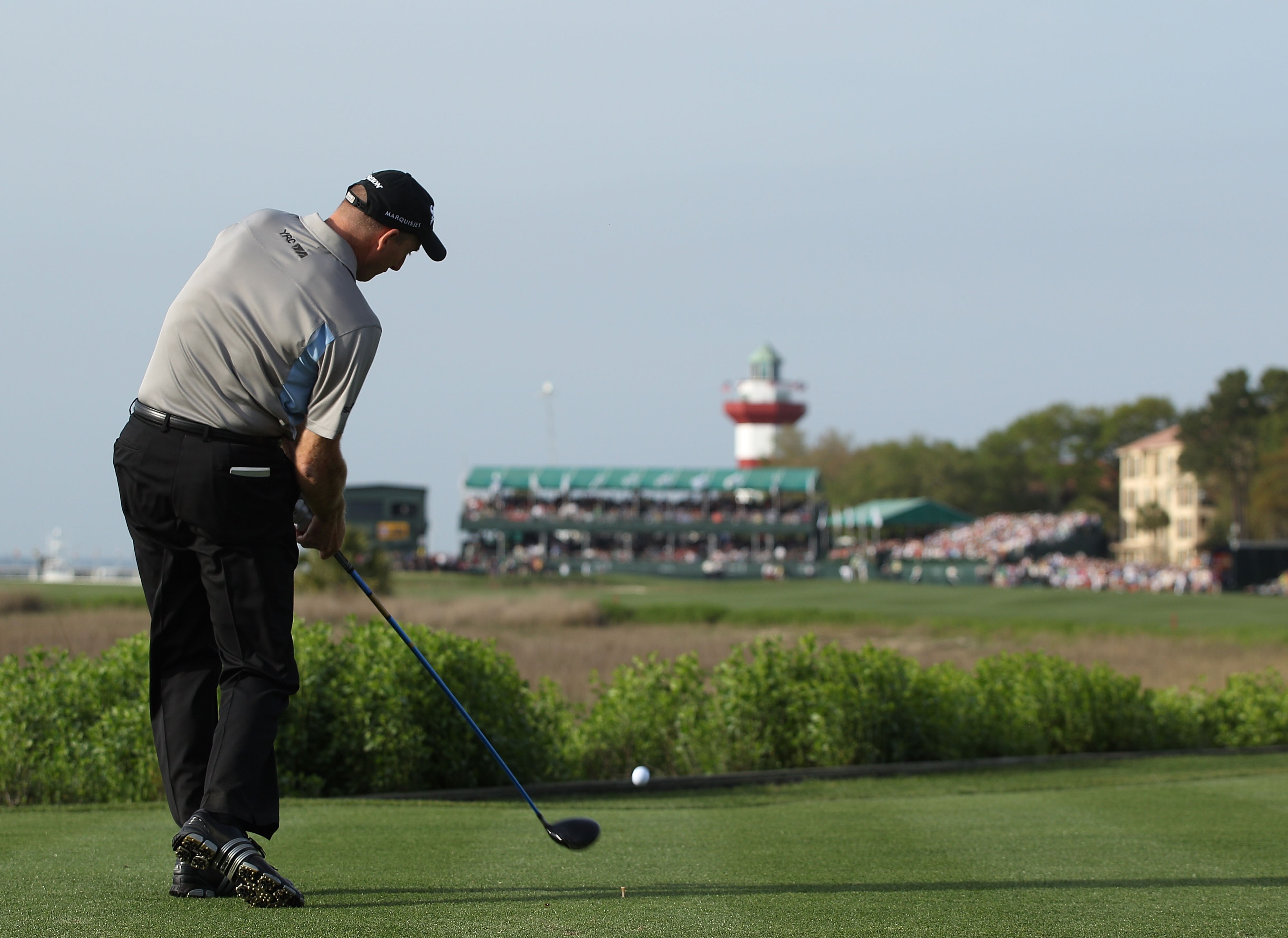HILTON HEAD ISLAND, SC - APRIL 18:  Jim Furyk hits his tee shot on the first playoff hole during the final round of the Verizon Heritage at the Harbour Town Golf Links on April 18, 2010 in Hilton Head lsland, South Carolina.  (Photo by Scott Halleran/Gett