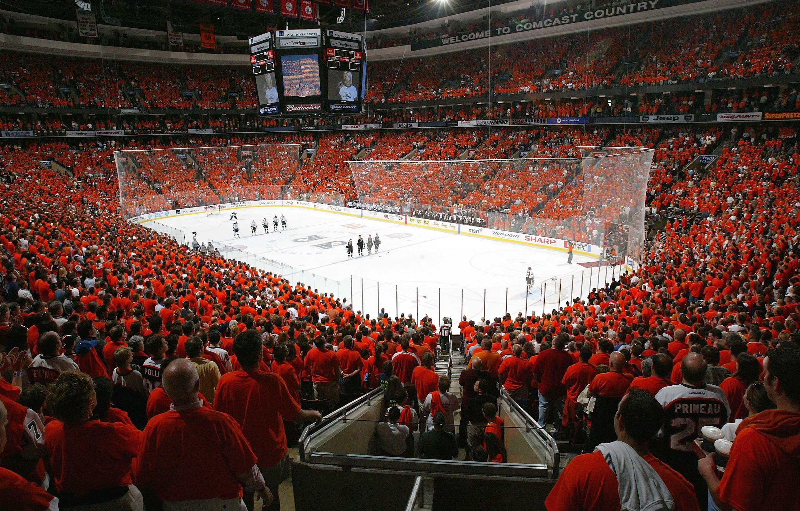 PHILADELPHIA - MAY 15:  Fans show their support for the Flyers by wearing oranges shirts as the Tampa Bay Lightning prepare to take on the Philadelphia Flyers in Game four of the 2004 NHL Eastern Conference Finals on May 15, 2004 at the Wachovia Center in