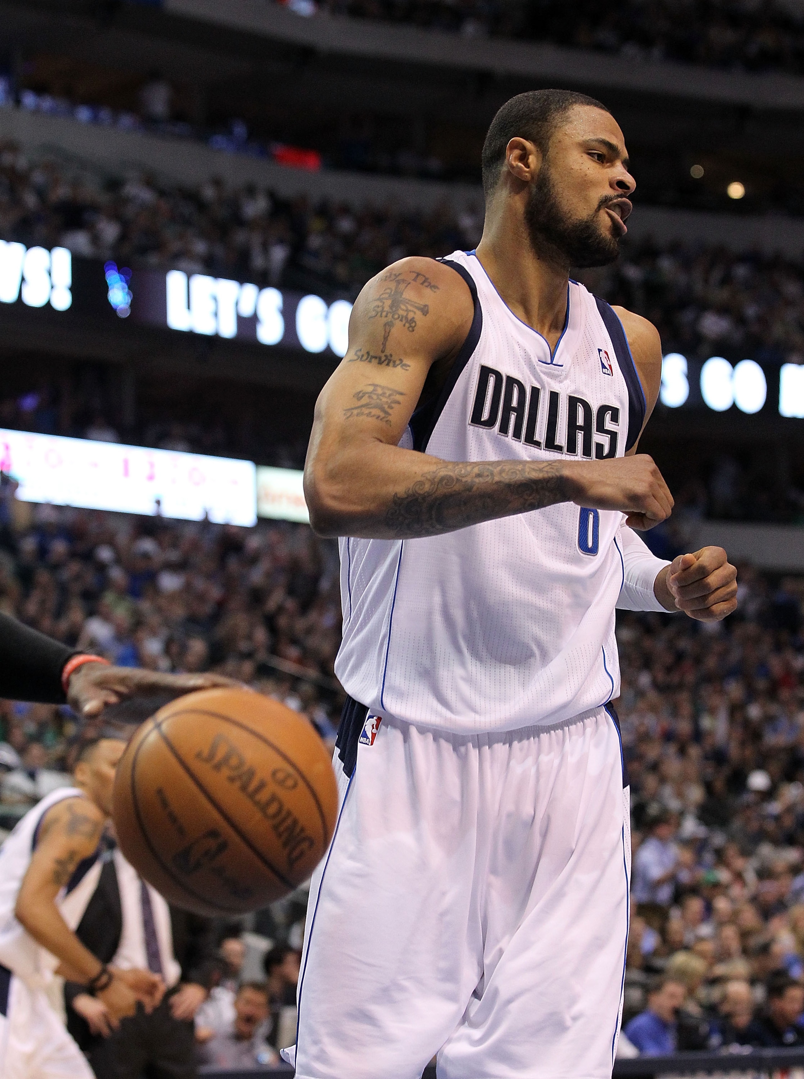DALLAS, TX - APRIL 16:  Tyson Chandler #6 of the Dallas Mavericks reacts after a dunk against the Portland Trail Blazers in Game One of the Western Conference Quarterfinals during the 2011 NBA Playoffs on April 16, 2011 at American Airlines Center in Dall