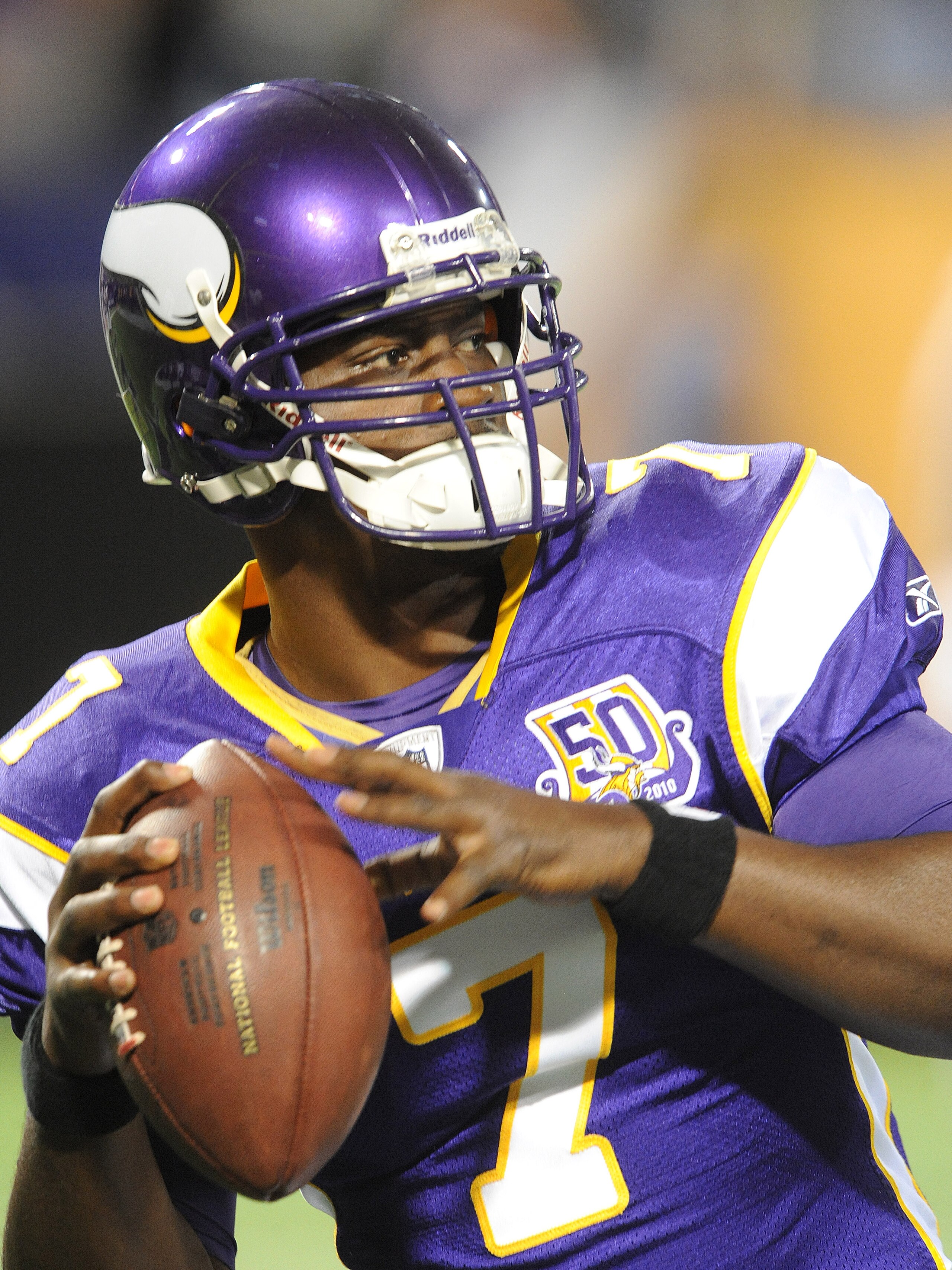 MINNEAPOLIS - SEPTEMBER 2: Tarvaris Jackson #7 of the Minnesota Vikings passes the ball during warmups prior to an NFL preseason game against the Denver Broncos at the Mall of America Field at Hubert H. Humphrey Metrodome, on September 2, 2010 in Minneap MINNEAPOLIS - SEPTEMBER 2: Tarvaris Jackson #7 of the Minnesota Vikings passes the ball during warmups prior to an NFL preseason game against the Denver Broncos at the Mall of America Field at Hubert H. Humphrey Metrodome, on September 2, 2010 in Minneap