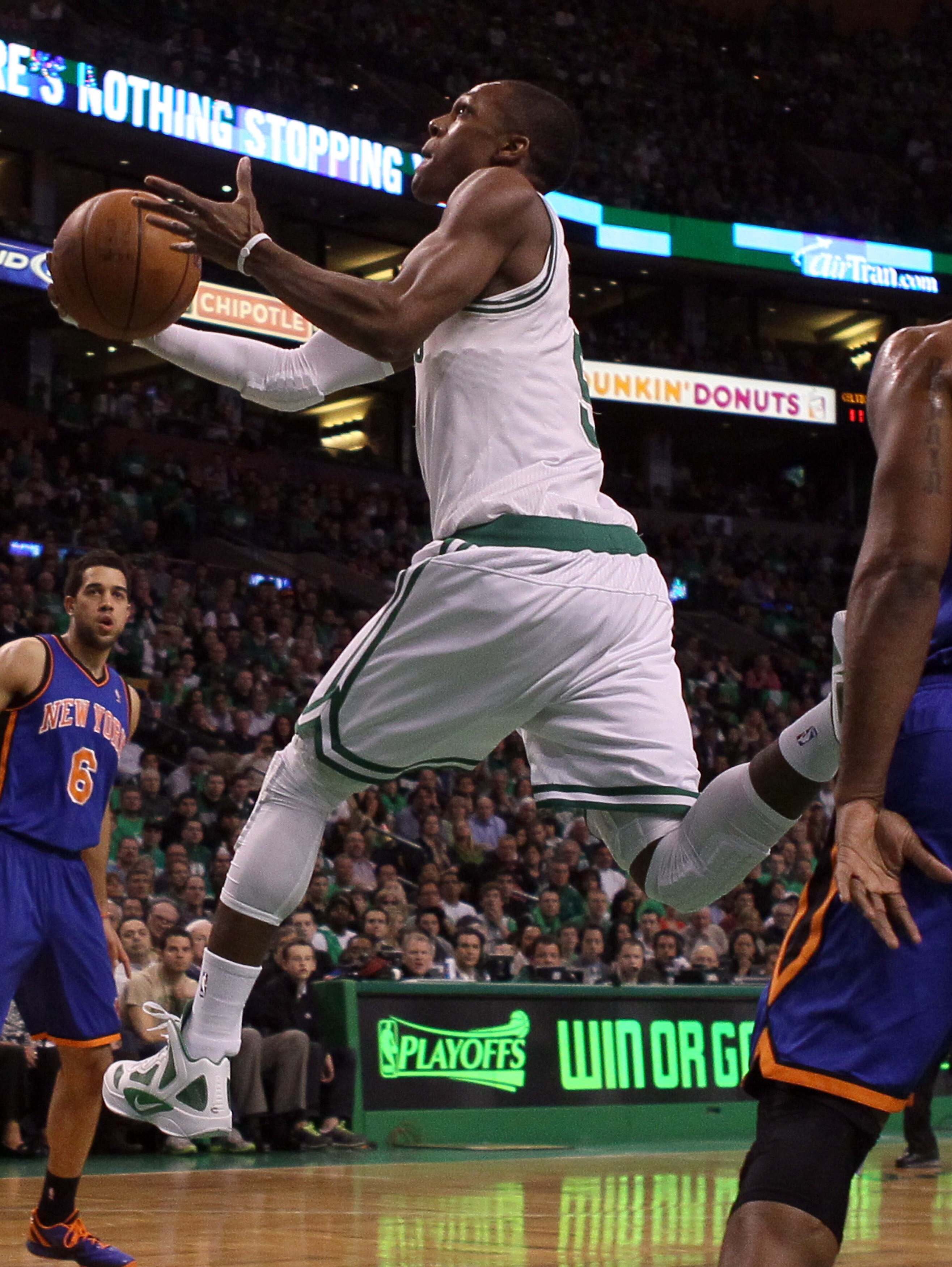 BOSTON, MA - APRIL 17:  Rajon Rondo #9 of the Boston Celtics takes a shot in the first quarter against the New York Knicks in Game One of the Eastern Conference Quarterfinals in the 2011 NBA Playoffs on April 17, 2011 at the TD Garden in Boston, Massachus