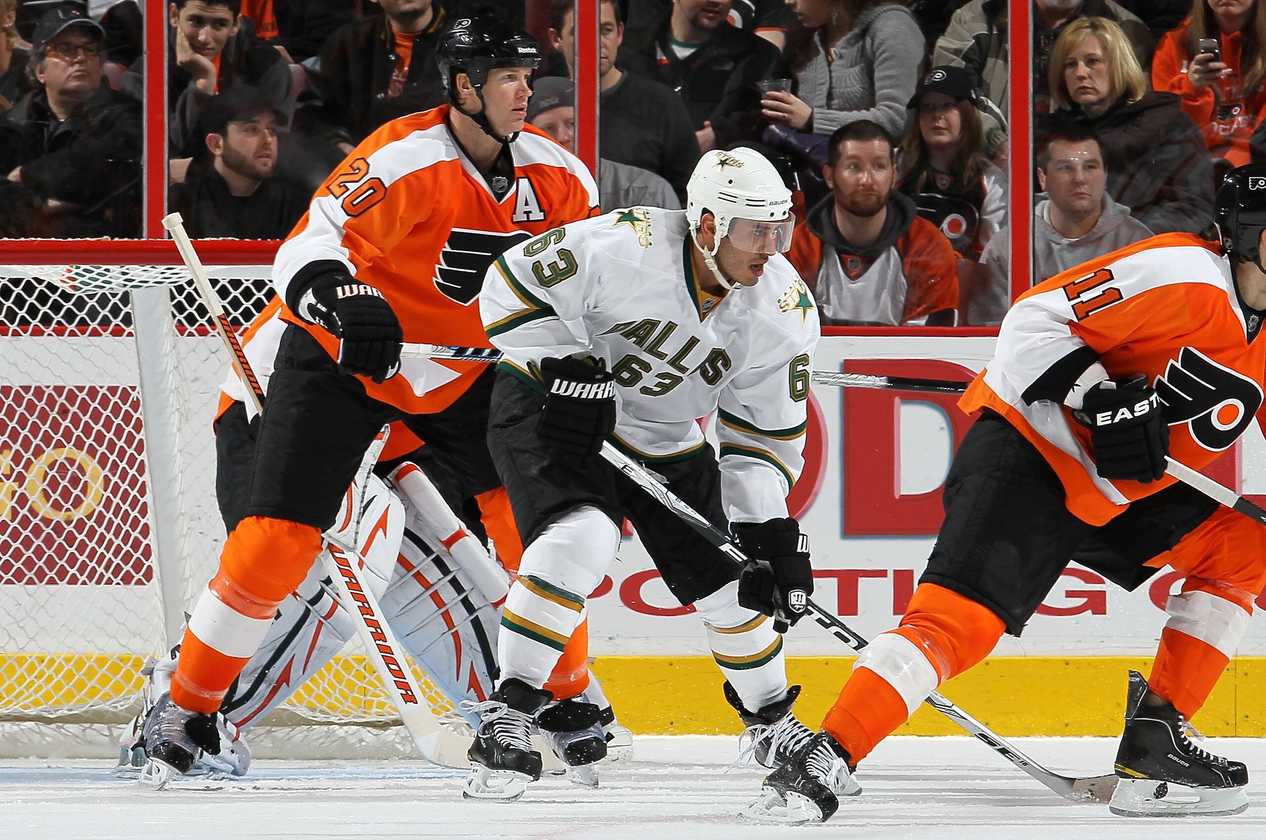 PHILADELPHIA, PA - FEBRUARY 05:  Chris Pronger #20 of the Dallas Stars skates against Mike Ribeiro #63 of the Philadelphia Flyers on February 5, 2011 at Wells Fargo Center in Philadelphia, Pennsylvania. The Flyers defeated the Stars 3-1.  (Photo by Jim Mc