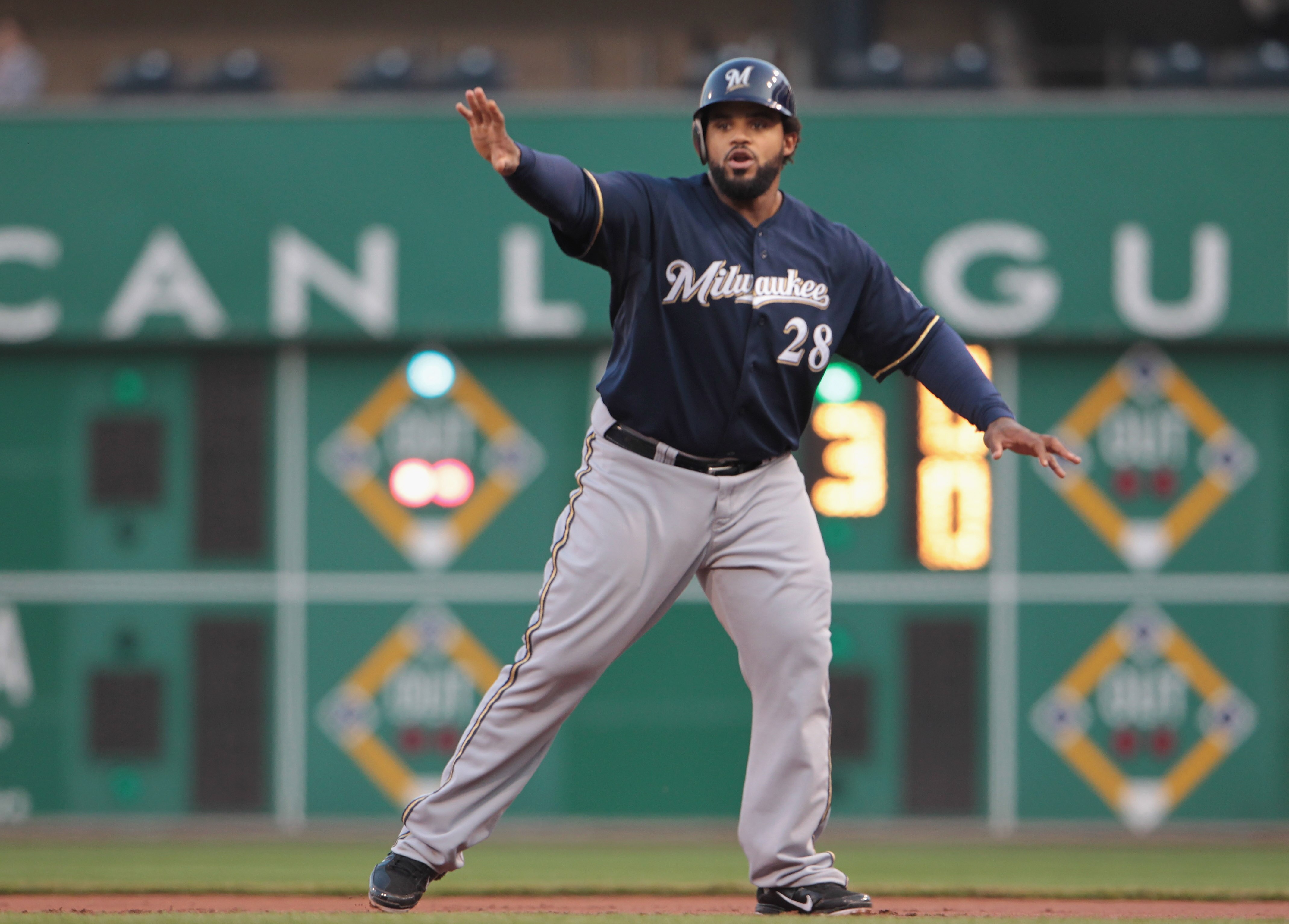 PITTSBURGH, PA - APRIL 14:  Prince Fielder #28 of the Milwaukee Brewers leads off first base during their game against the Pittsburgh Pirates at PNC Park on April 14, 2011 in Pittsburgh, Pennsylvania.  (Photo by Scott Halleran/Getty Images)