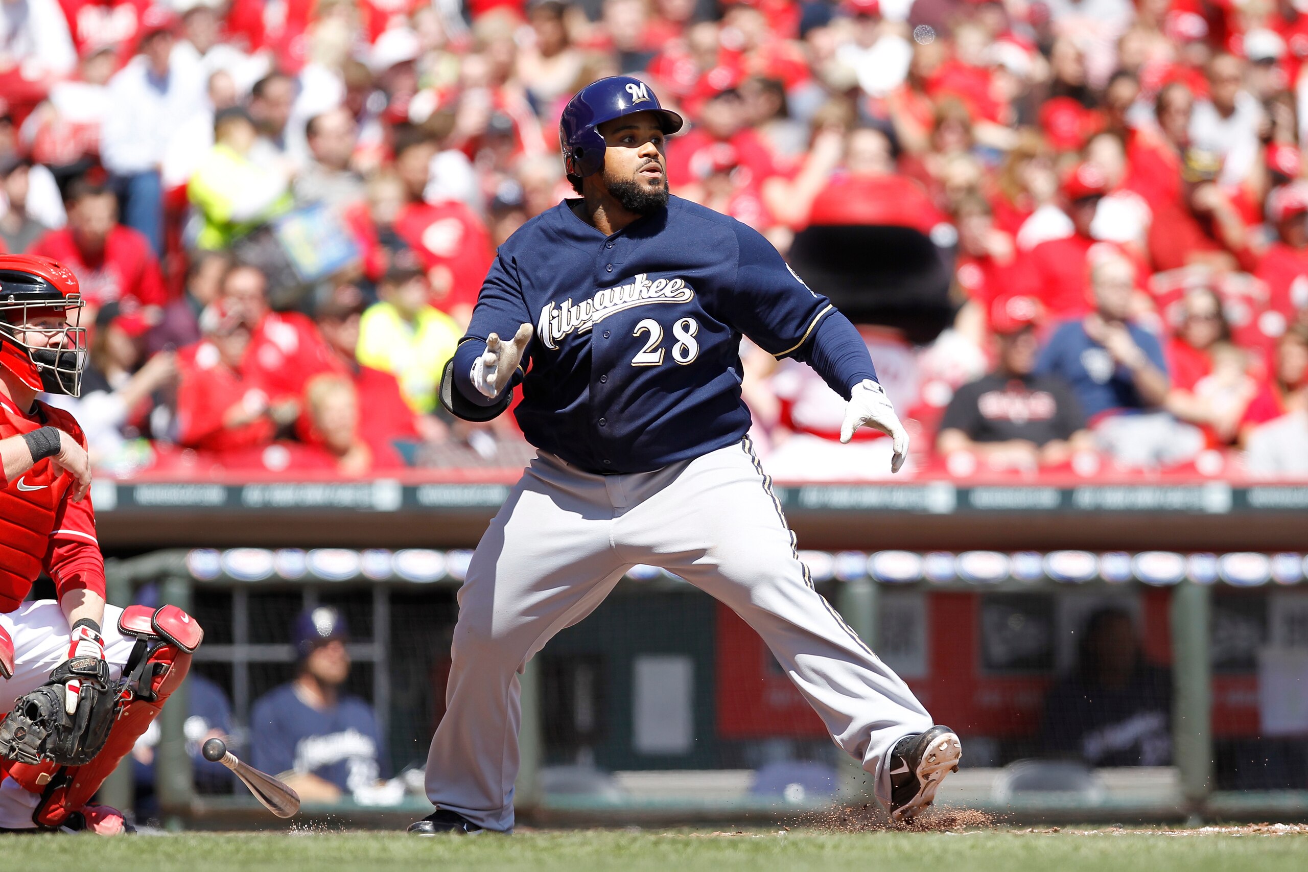 CINCINNATI, OH - APRIL 3: Prince Fielder #28 of the Milwaukee Brewers hits the ball against the Cincinnati Reds at Great American Ball Park on April 3, 2011 in Cincinnati, Ohio. The Reds won 12-3. (Photo by Joe Robbins/Getty Images)