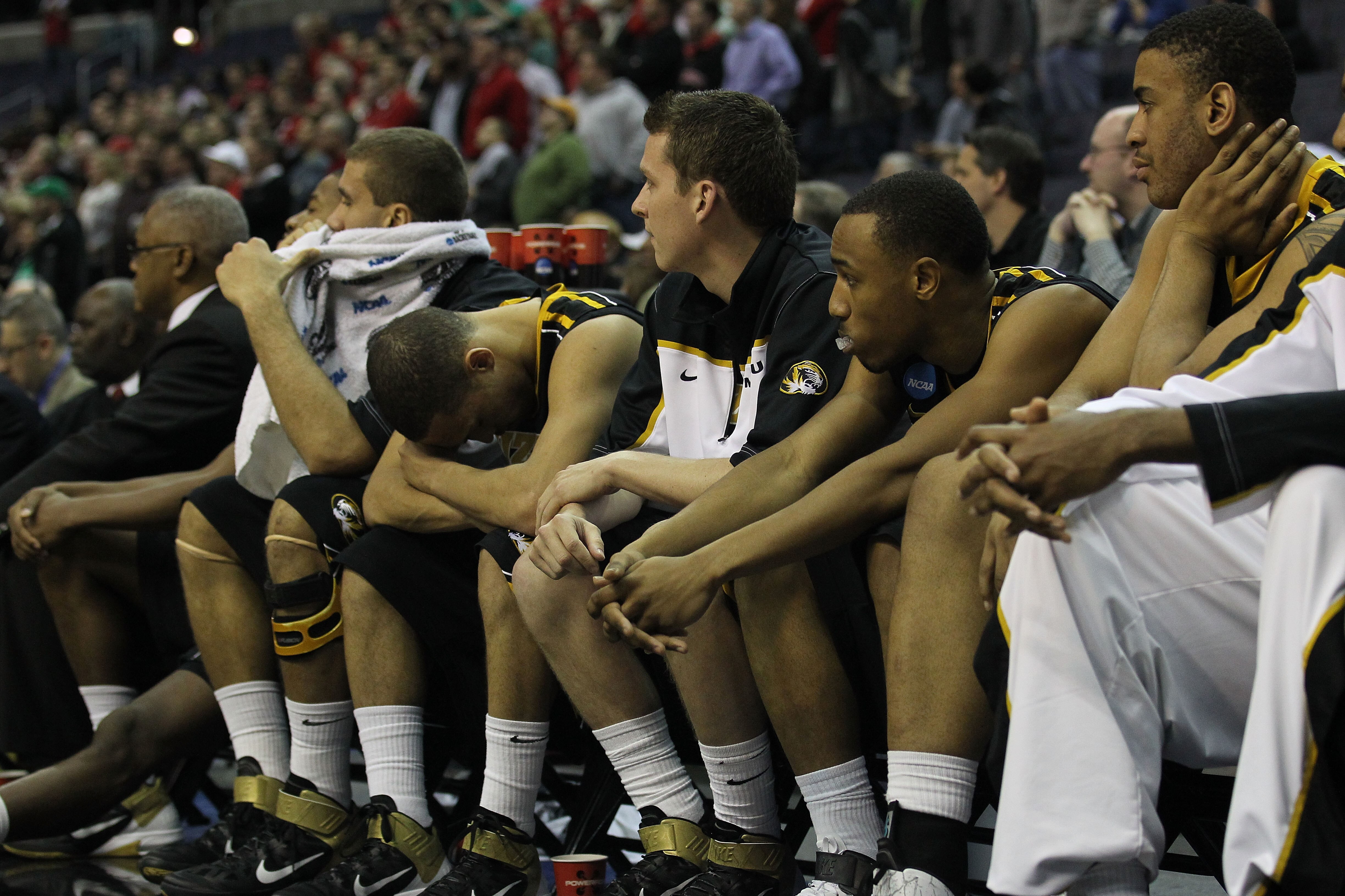 WASHINGTON - MARCH 17:  Missouri Tigers' react to losing to the Cincinnati Bearcats during the second round of the 2011 NCAA men's basketball tournament at the Verizon Center on March 17, 2011 in Washington, DC.  (Photo by Nick Laham/Getty Images)