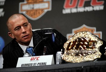 NEW YORK - MARCH 24:  Georges St-Pierre of Montreal, Quebec, Canada speaks at a press conference for UFC 111 at Radio City Music Hall on March 24, 2010 in New York City.  St-Pierre will face Dan Hardy of Nottingham UK in the Welterweight title bout.  (Pho