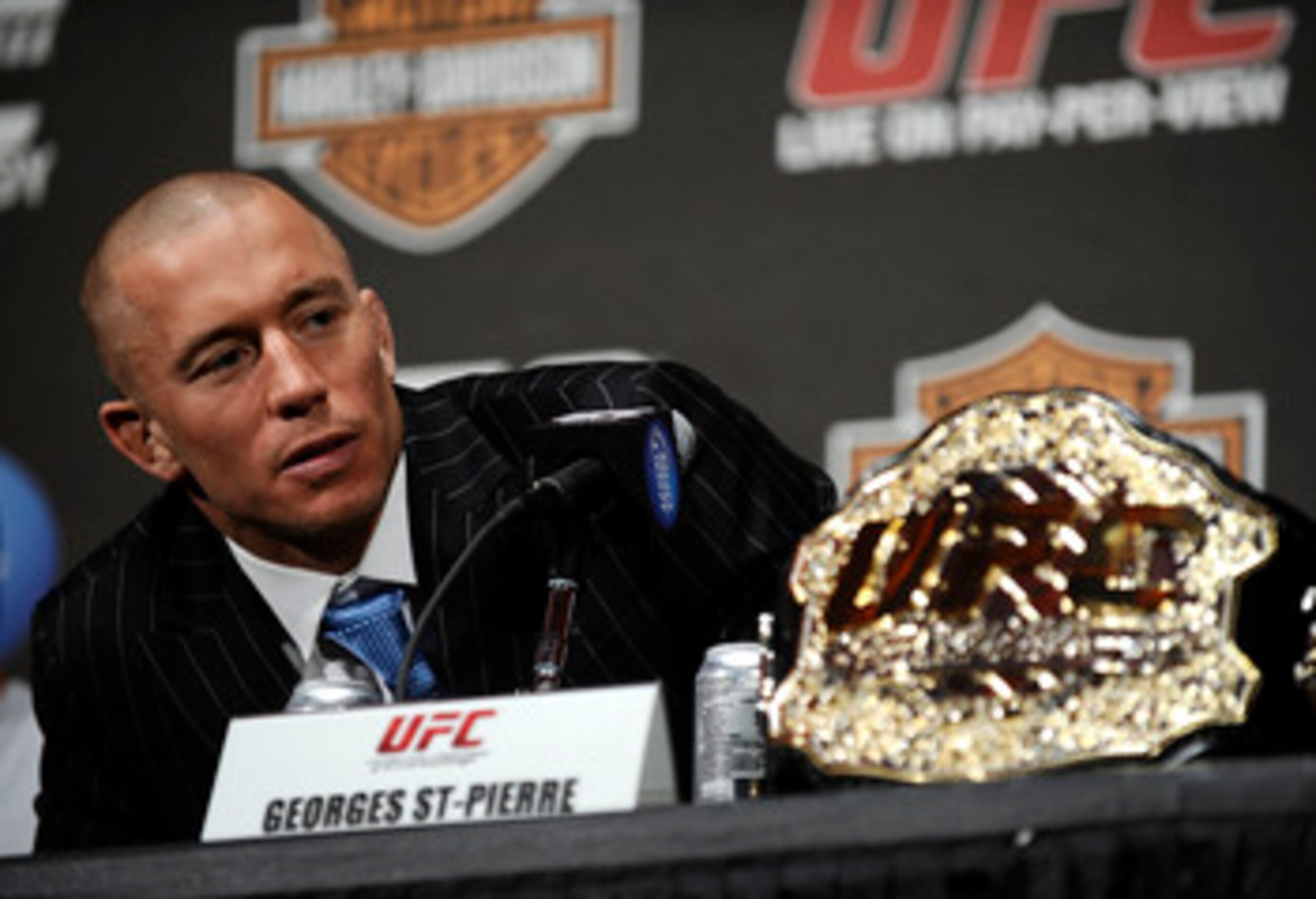 NEW YORK - MARCH 24:  Georges St-Pierre of Montreal, Quebec, Canada speaks at a press conference for UFC 111 at Radio City Music Hall on March 24, 2010 in New York City.  St-Pierre will face Dan Hardy of Nottingham UK in the Welterweight title bout.  (Pho