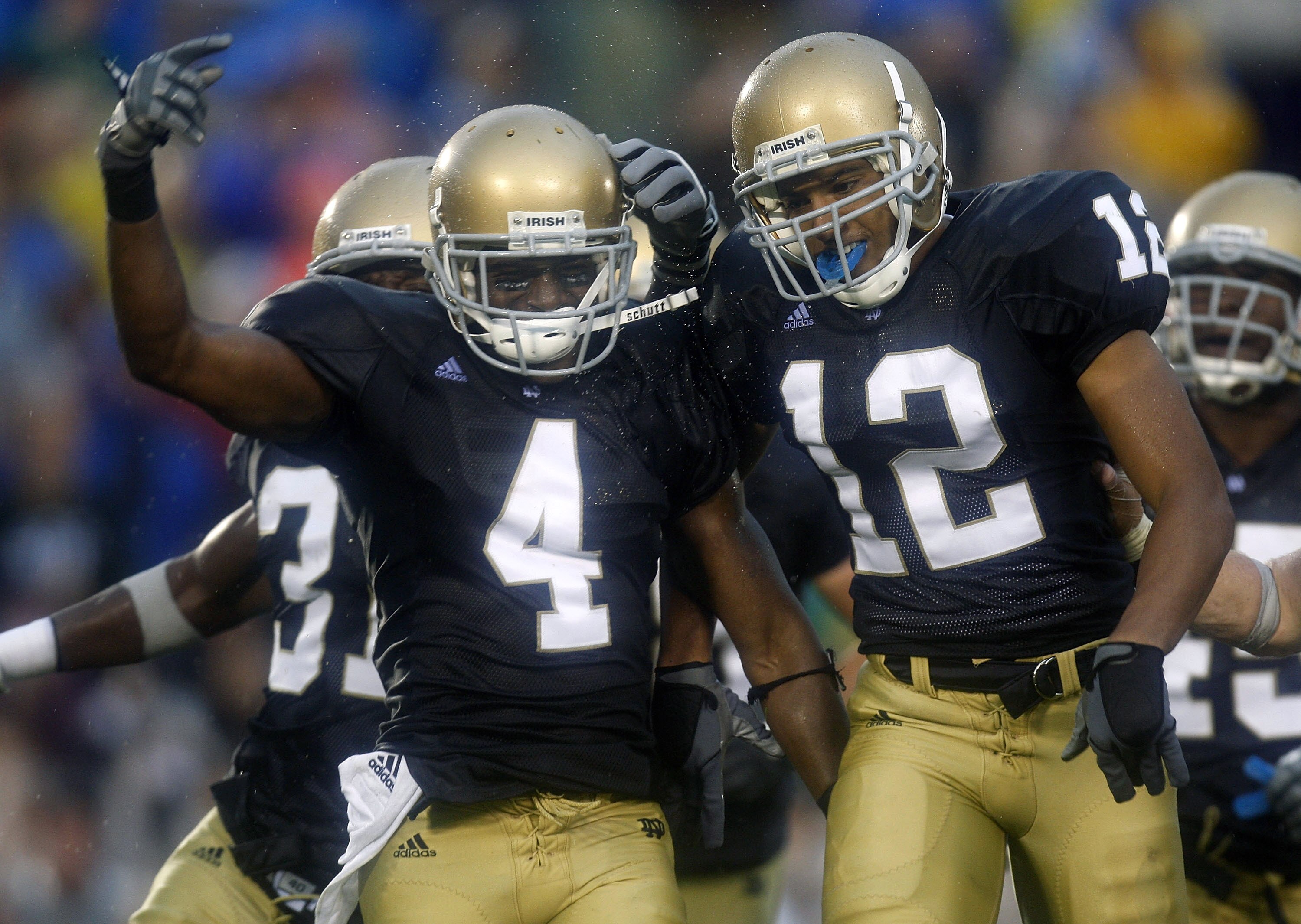SOUTH BEND, IN - SEPTEMBER 13:  Gary Gray #4 of the Notre Dame Fighting Irish is congratulated by Robert Blanton #12 after a fourth quarter interception while playing the Michigan Wolverines on September 13, 2008 at Notre Dame Stadium in South Bend, India