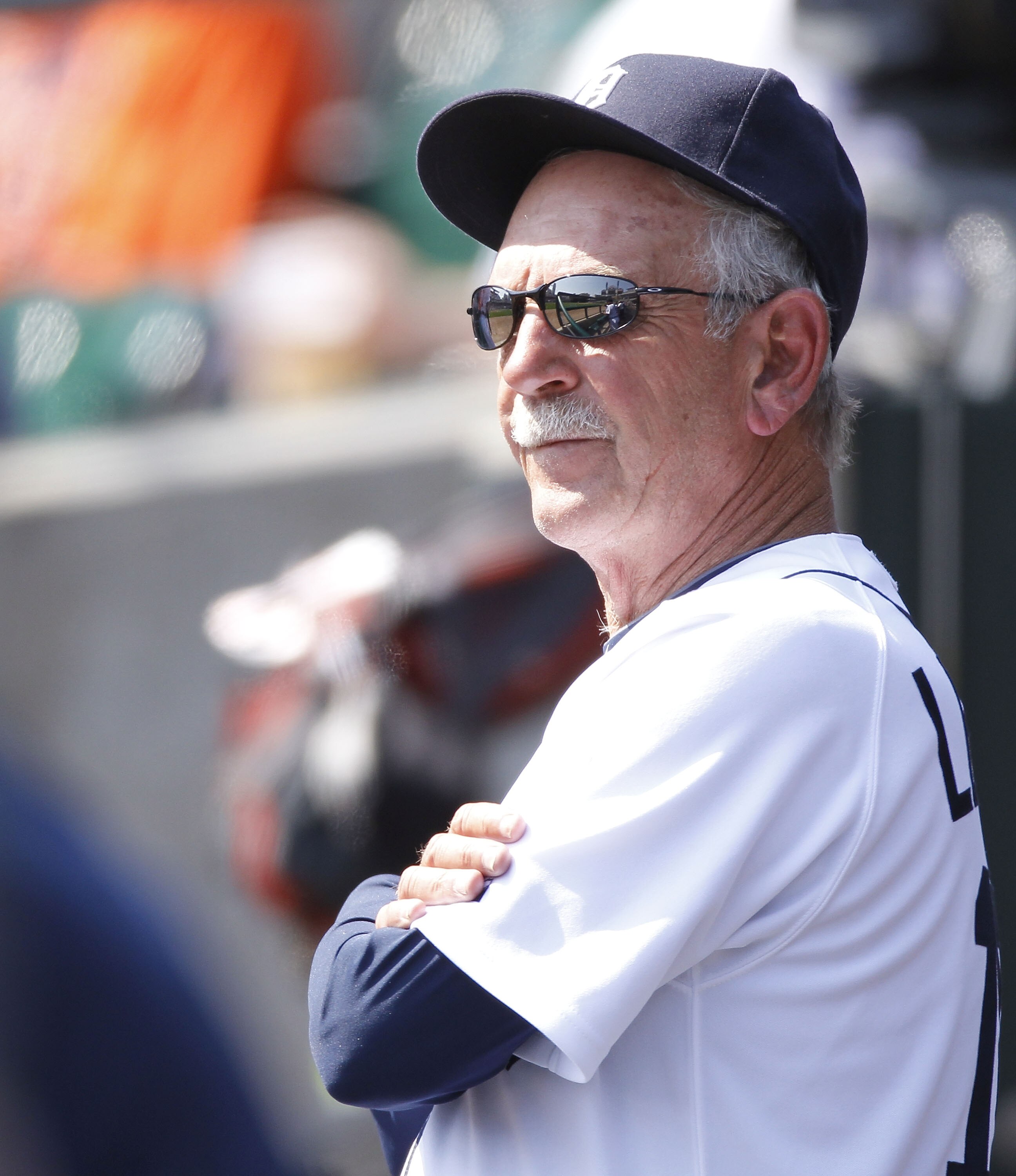 DETROIT, MI - APRIL 10: Jim Leyland manager of the Detroit Tigers looks on from the dugout while playing the Kansas City Royals at Comerica Park on April 10, 2011 in Detroit, Michigan. Kansas City won the game 9-5.  (Photo by Gregory Shamus/Getty Images)