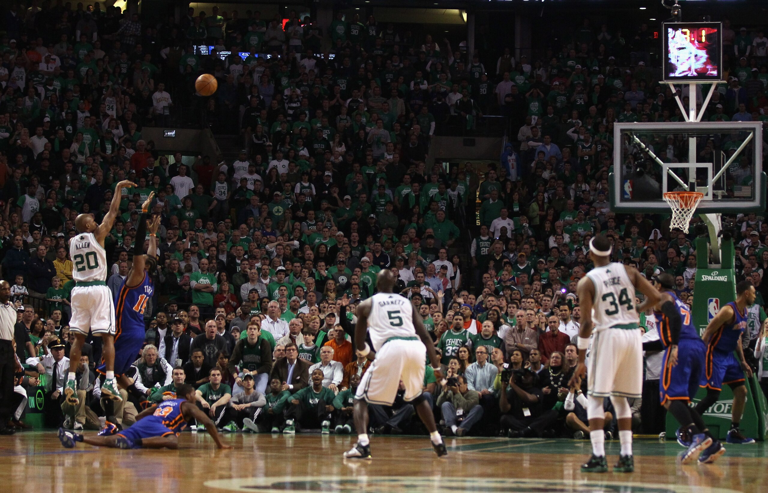 BOSTON, MA - APRIL 17:  Ray Allen #20 of the Boston Celtics shoots the game winning shot in the final seconds of the game against the New York Knicks in Game One of the Eastern Conference Quarterfinals in the 2011 NBA Playoffs on April 17, 2011 at the TD