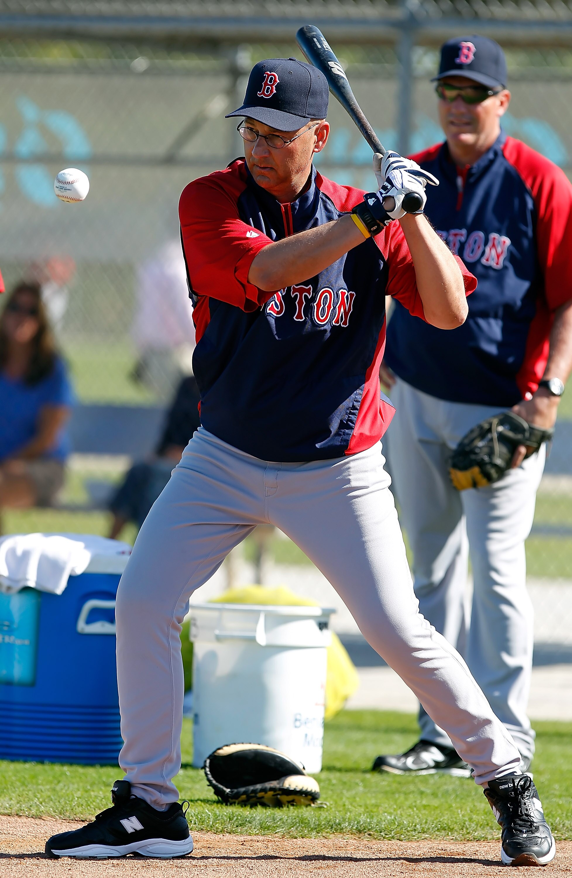 FORT MYERS, FL - FEBRUARY 19:  Manager Terry Francona #47 of the Boston Red Sox hits ground balls during a Spring Training Workout Session at the Red Sox Player Development Complex on February 19, 2011 in Fort Myers, Florida.  (Photo by J. Meric/Getty Ima
