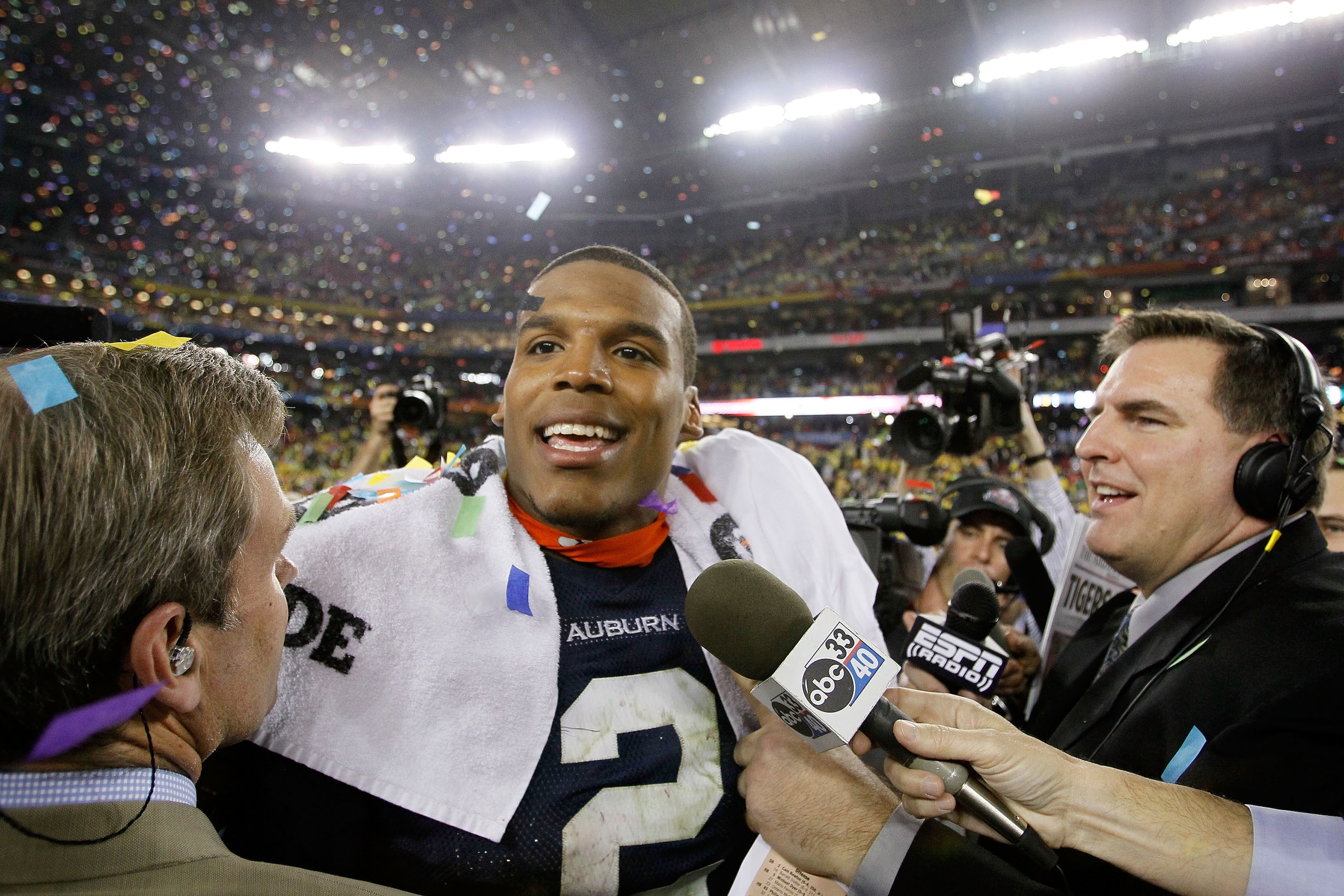 GLENDALE, AZ - JANUARY 10:  Quarterback Cameron Newton #2 of the Auburn Tigers celebrates the Tigers 22-19 victory against the Oregon Ducks in the Tostitos BCS National Championship Game at University of Phoenix Stadium on January 10, 2011 in Glendale, Ar