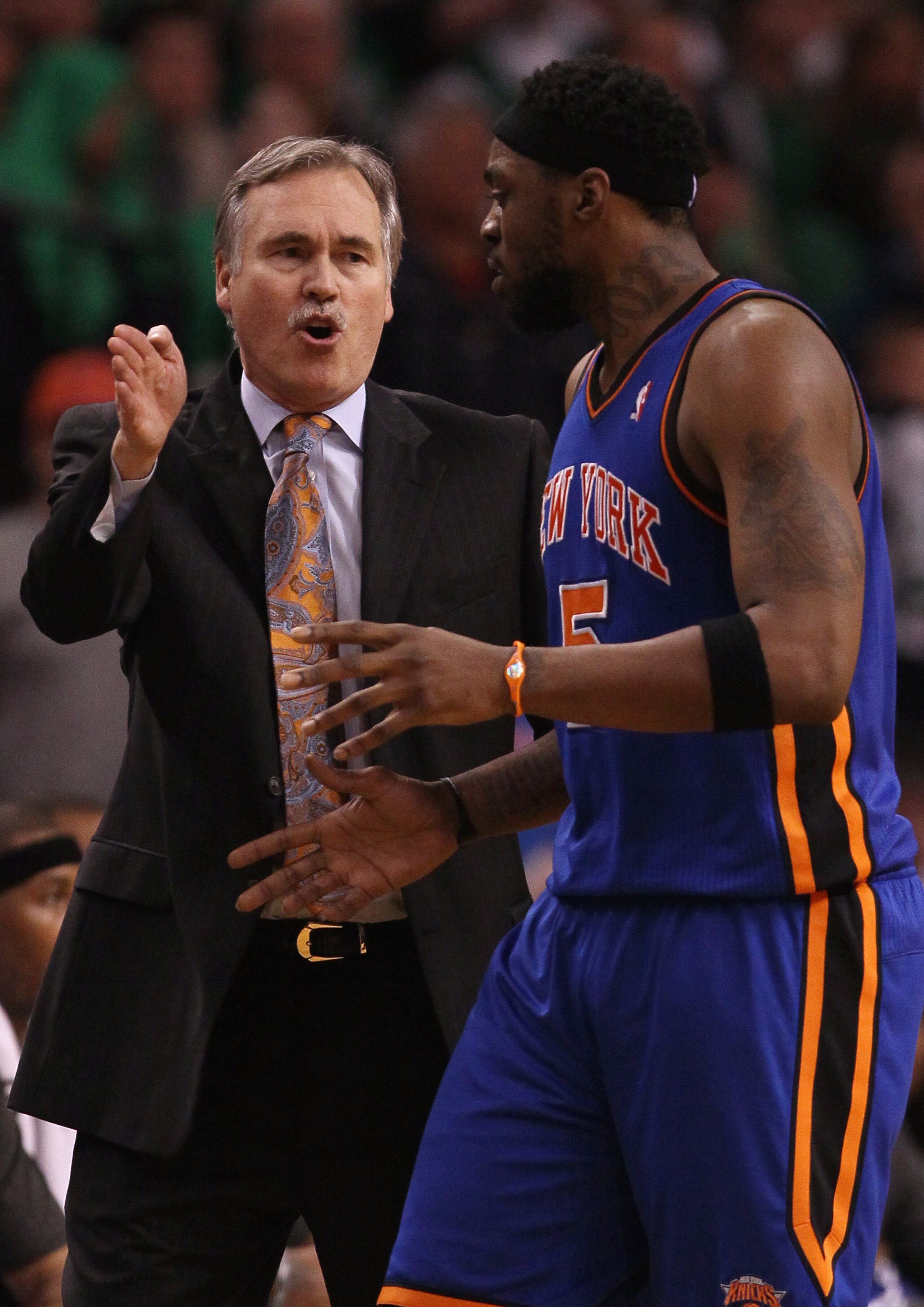 BOSTON, MA - APRIL 17:  Head coach Mike D'Antoni of the New York Knicks directs Bill Walker #5 in the second half against the Boston Celtics in Game One of the Eastern Conference Quarterfinals in the 2011 NBA Playoffs on April 17, 2011 at the TD Garden in