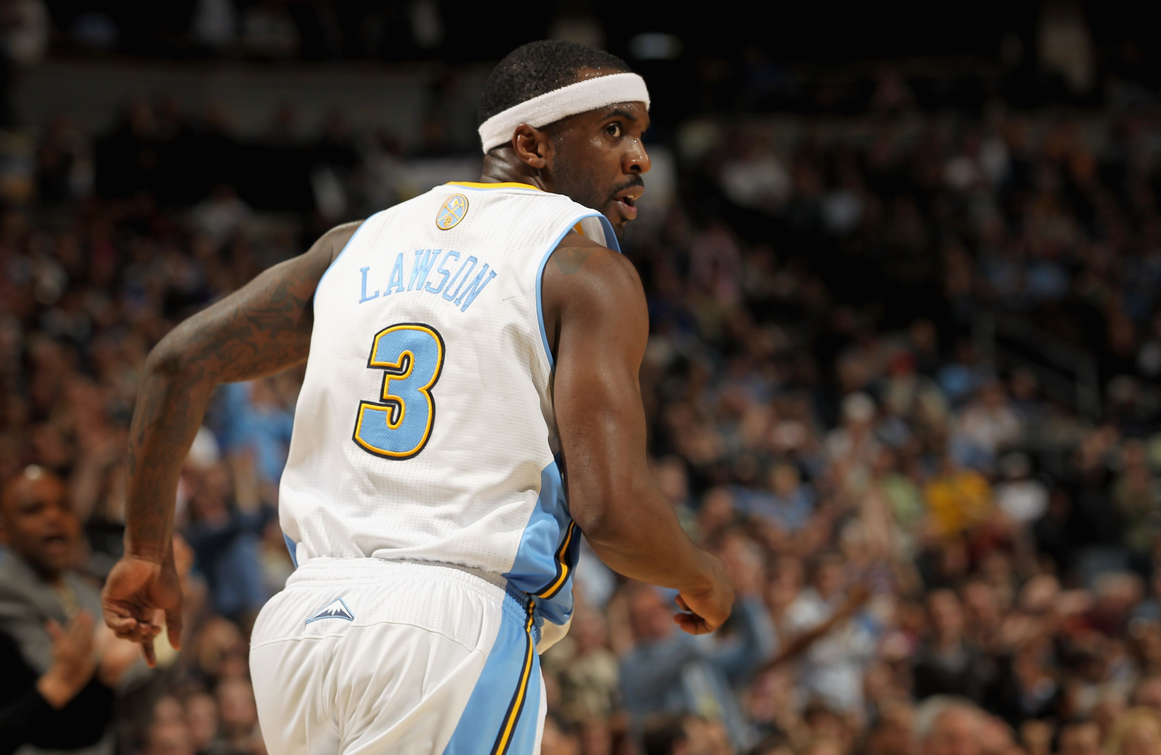 DENVER, CO - MARCH 23:  Ty Lawson #3 of the Denver Nuggets looks on against the San Antonio Spurs at the Pepsi Center on March 23, 2011 in Denver, Colorado. The Nuggets defeated the Spurs 115-112. NOTE TO USER: User expressly acknowledges and agrees that,