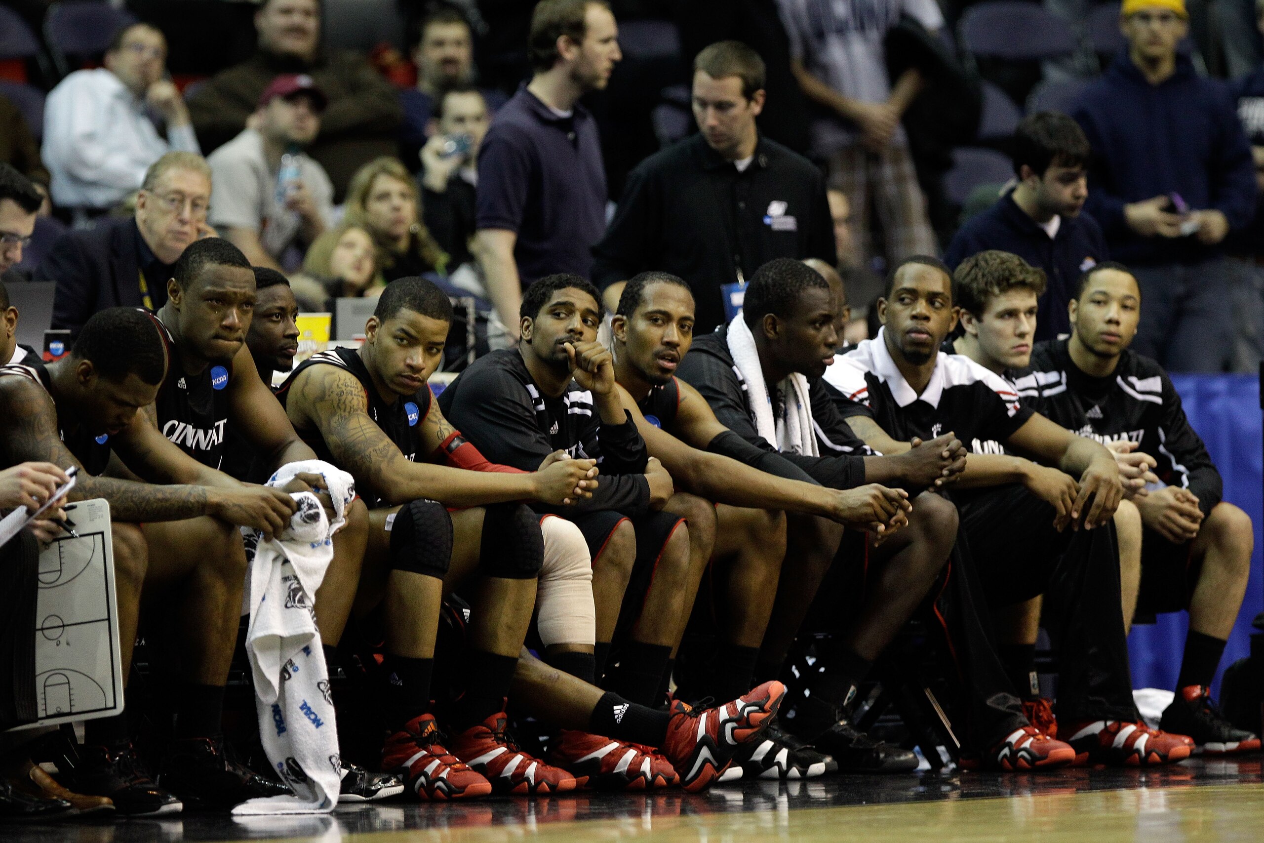 WASHINGTON - MARCH 19:  The Cincinnati Bearcats sit on the bench during their 69-58 loss to the Connecticut Huskies during the third round of the 2011 NCAA men's basketball tournament at Verizon Center on March 19, 2011 in Washington, DC.  (Photo by Rob C