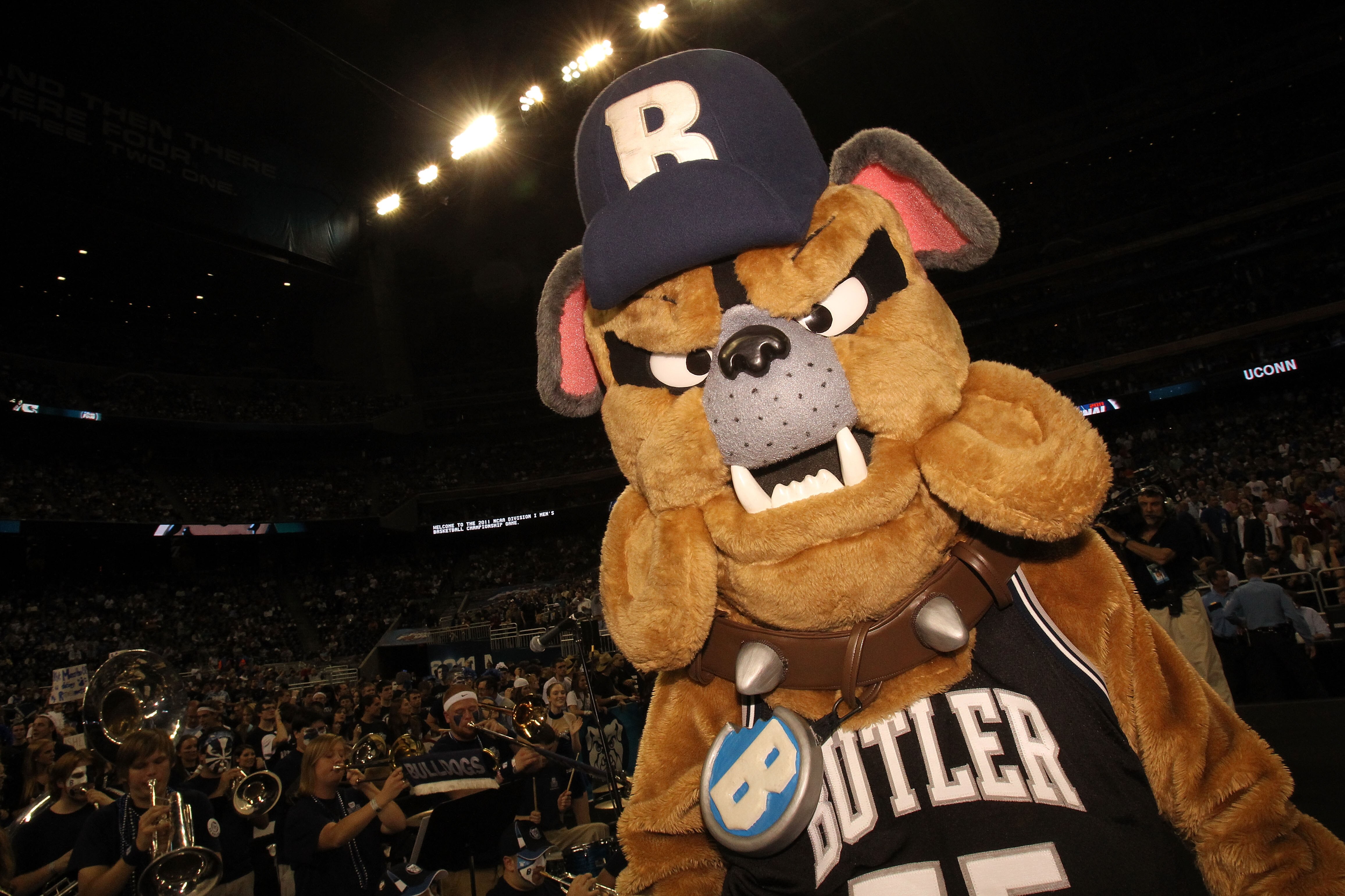 HOUSTON, TX - APRIL 04:  The Butler Bulldogs mascot performs before taking on the Connecticut Huskies during the National Championship Game of the 2011 NCAA Division I Men's Basketball Tournament at Reliant Stadium on April 4, 2011 in Houston, Texas.  (Ph