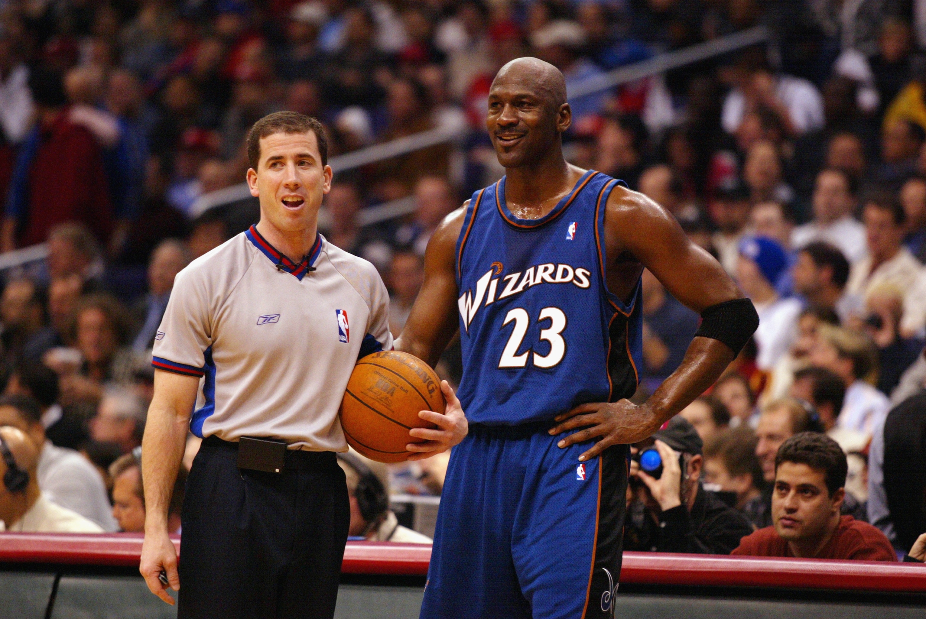 LOS ANGELES - FEBRUARY 12:  Michael Jordan #23 of the Washington Wizards talks with referee Tim Donaghy during the game against the Los Angeles Clippers on February 12, 2003 at Staples Center in Los Angeles, California.  The Wizards won 108-104.  NOTE TO