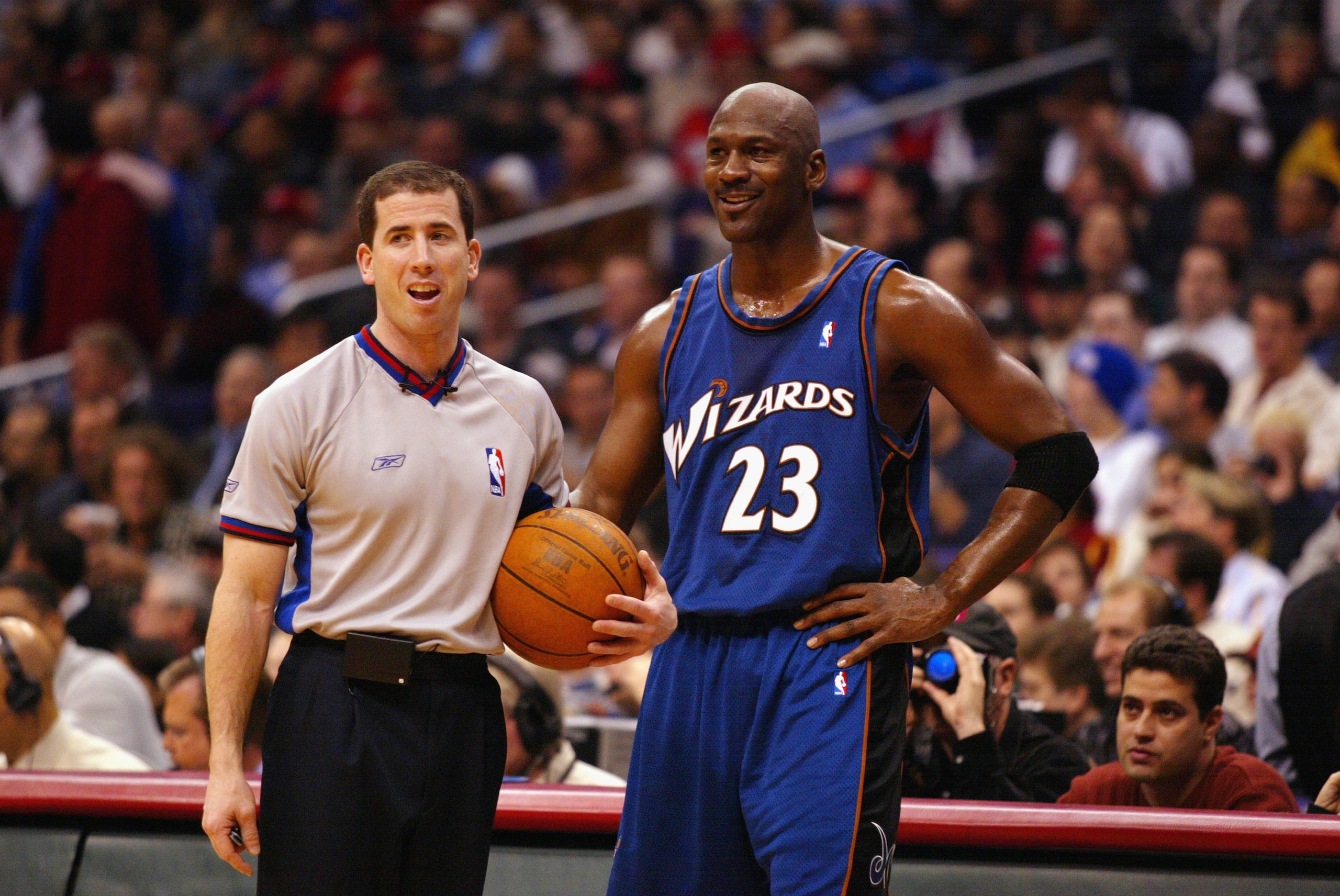 LOS ANGELES - FEBRUARY 12:  Michael Jordan #23 of the Washington Wizards talks with referee Tim Donaghy during the game against the Los Angeles Clippers on February 12, 2003 at Staples Center in Los Angeles, California.  The Wizards won 108-104.  NOTE TO