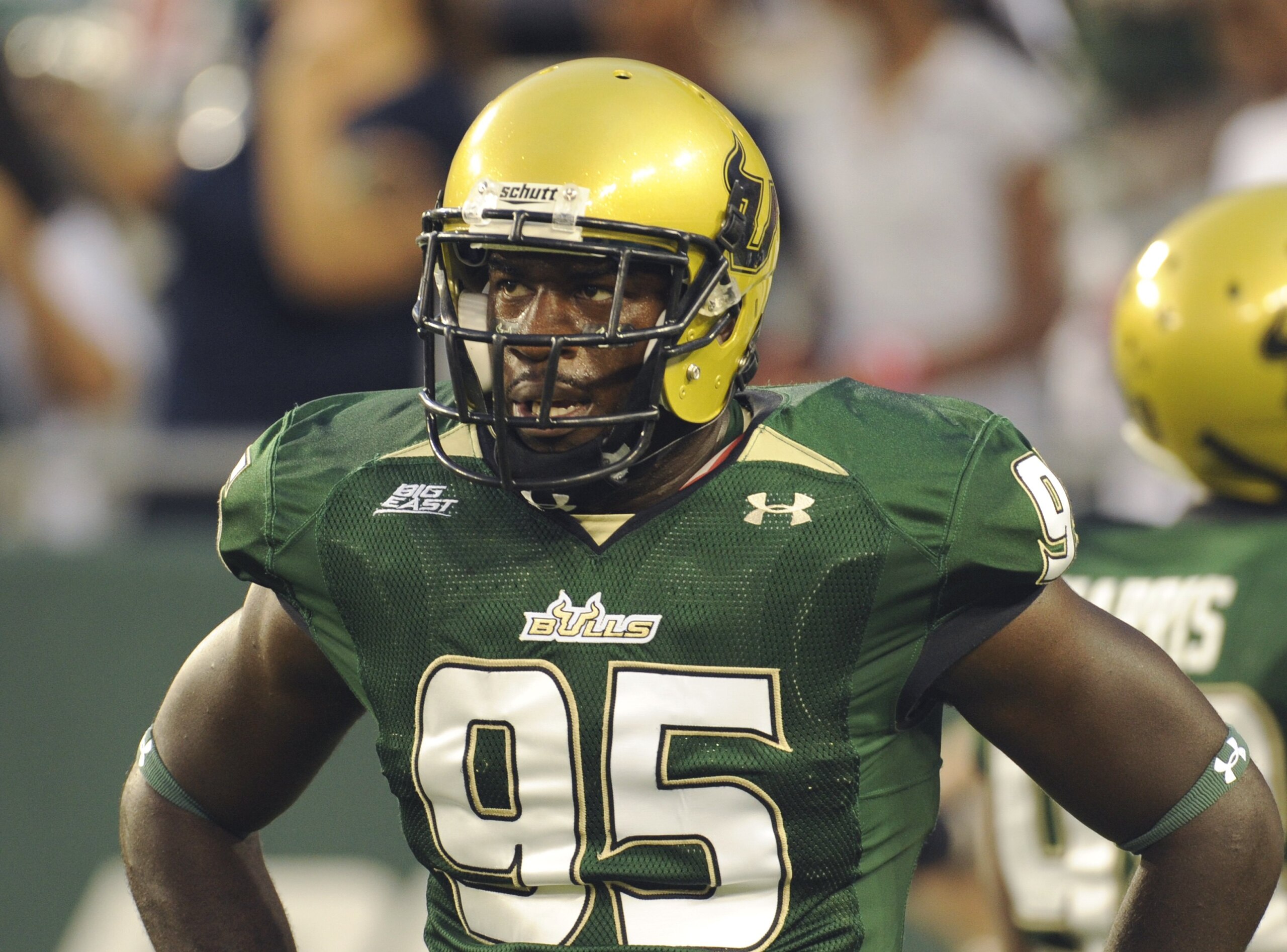 TAMPA, FL - SEPTEMBER 12: Defensive end George Selvie #95 of the University of South Florida Bulls watches play against the Kansas University Jayhawks at Raymond James Stadium on September 12, 2008 in Tampa, Florida. (Photo by Al Messerschmidt/Getty Imag TAMPA, FL - SEPTEMBER 12: Defensive end George Selvie #95 of the University of South Florida Bulls watches play against the Kansas University Jayhawks at Raymond James Stadium on September 12, 2008 in Tampa, Florida. (Photo by Al Messerschmidt/Getty Imag