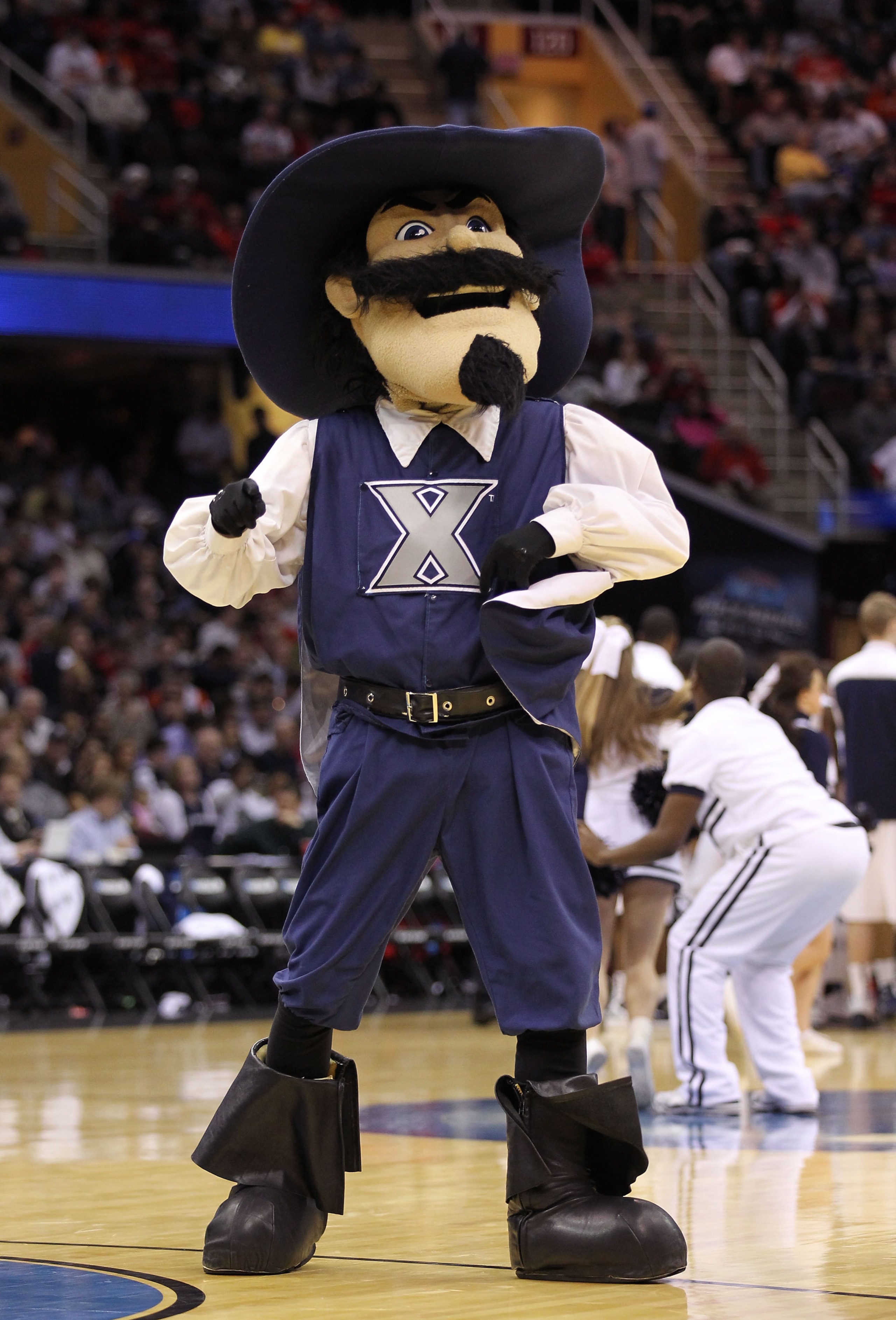 CLEVELAND, OH - MARCH 18: The Xavier Musketeers mascot walks on the court during the game against the Marquette Golden Eagles during the second round of the 2011 NCAA men's basketball tournament at Quicken Loans Arena on March 18, 2011 in Cleveland, Ohio.