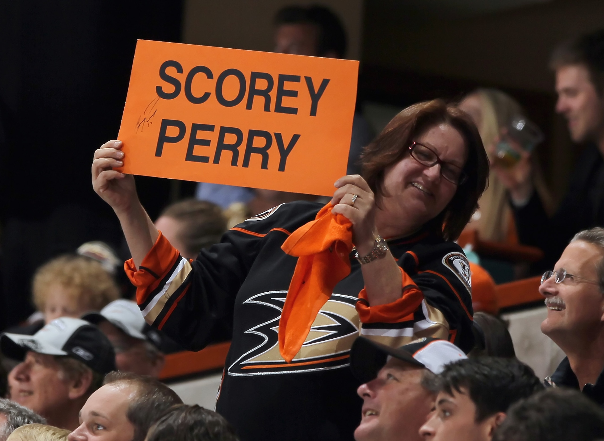 ANAHEIM, CA - APRIL 15:  A fan displays a Corey Perry sign during Game Two of the Western Conference Quarterfinals between the Anaheim Ducks and the Nashville Predators during the 2011 NHL Stanley Cup Playoffs at Honda Center on April 15, 2011 in Anaheim,