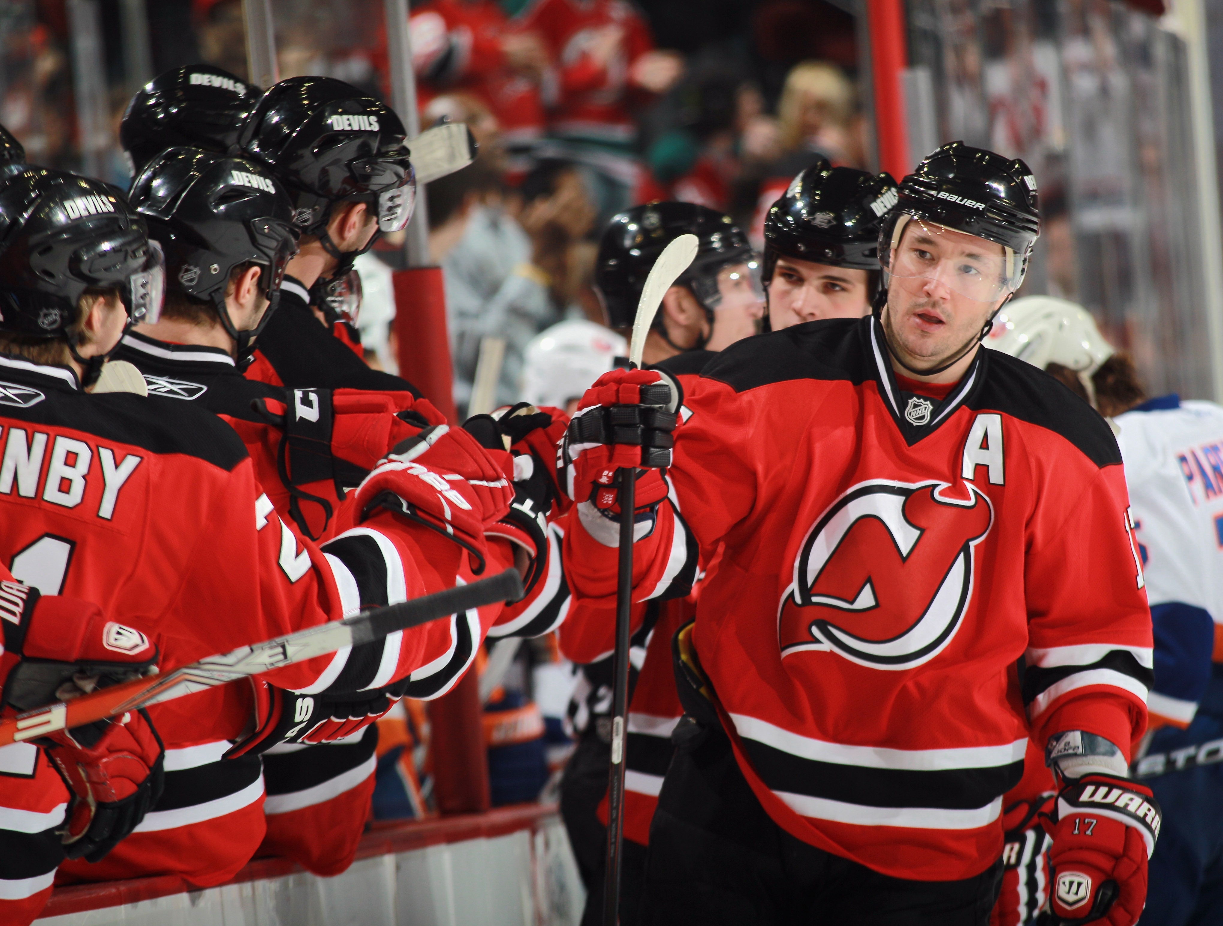 NEWARK, NJ - MARCH 30: Ilya Kovalchuk #17 of the New Jersey Devils scores at 4:17 of the first period against the New York Islanders at the Prudential Center on March 30, 2011 in Newark, New Jersey.  (Photo by Bruce Bennett/Getty Images)