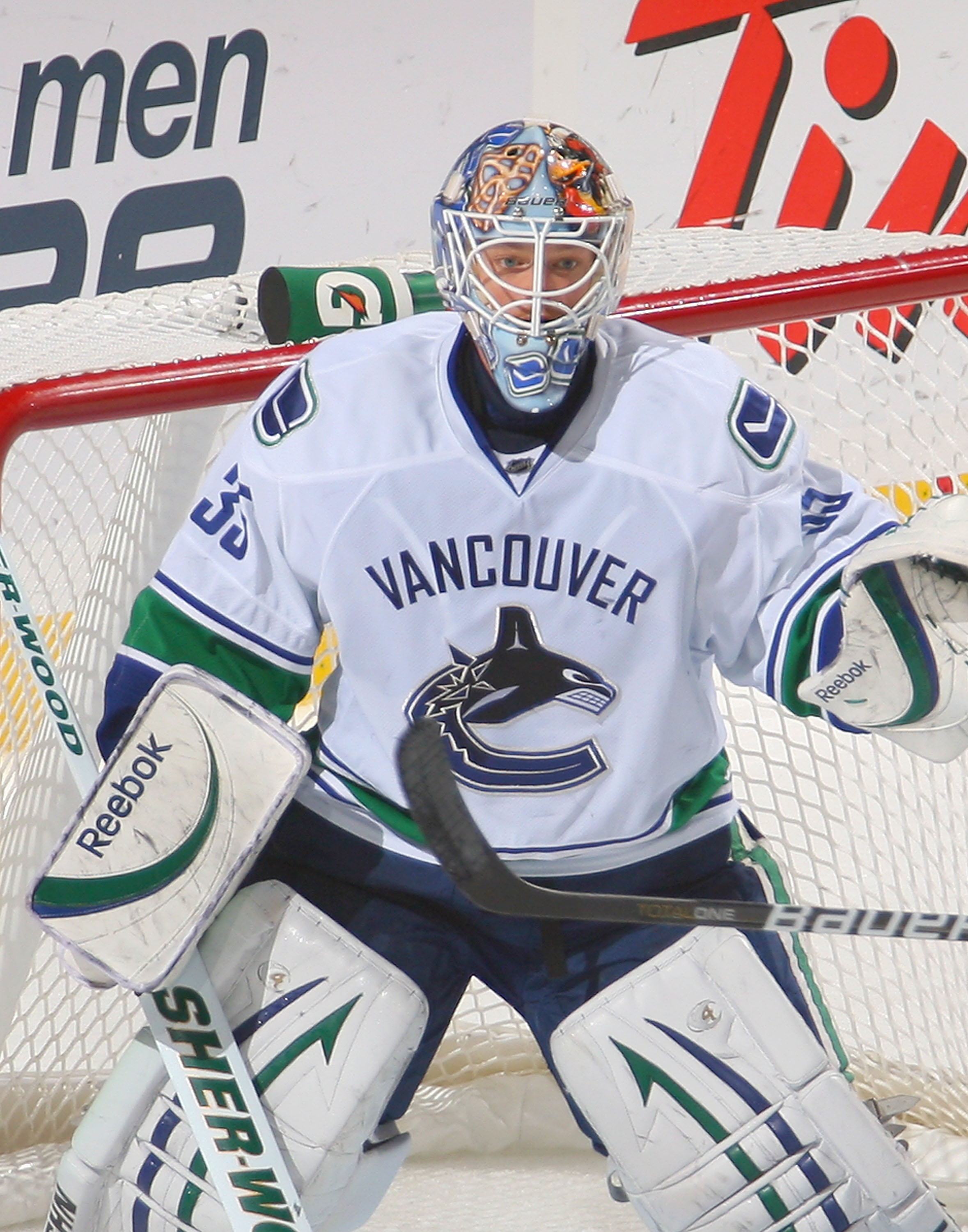 BUFFALO, NY - NOVEMBER 15:  Corey Schneider #35 of the Vancouver Canucks stands in goal against the Buffalo Sabres  at HSBC Arena on November 15, 2010 in Buffalo, New York. Buffalo won 4-3 in overtime.  (Photo by Rick Stewart/Getty Images)