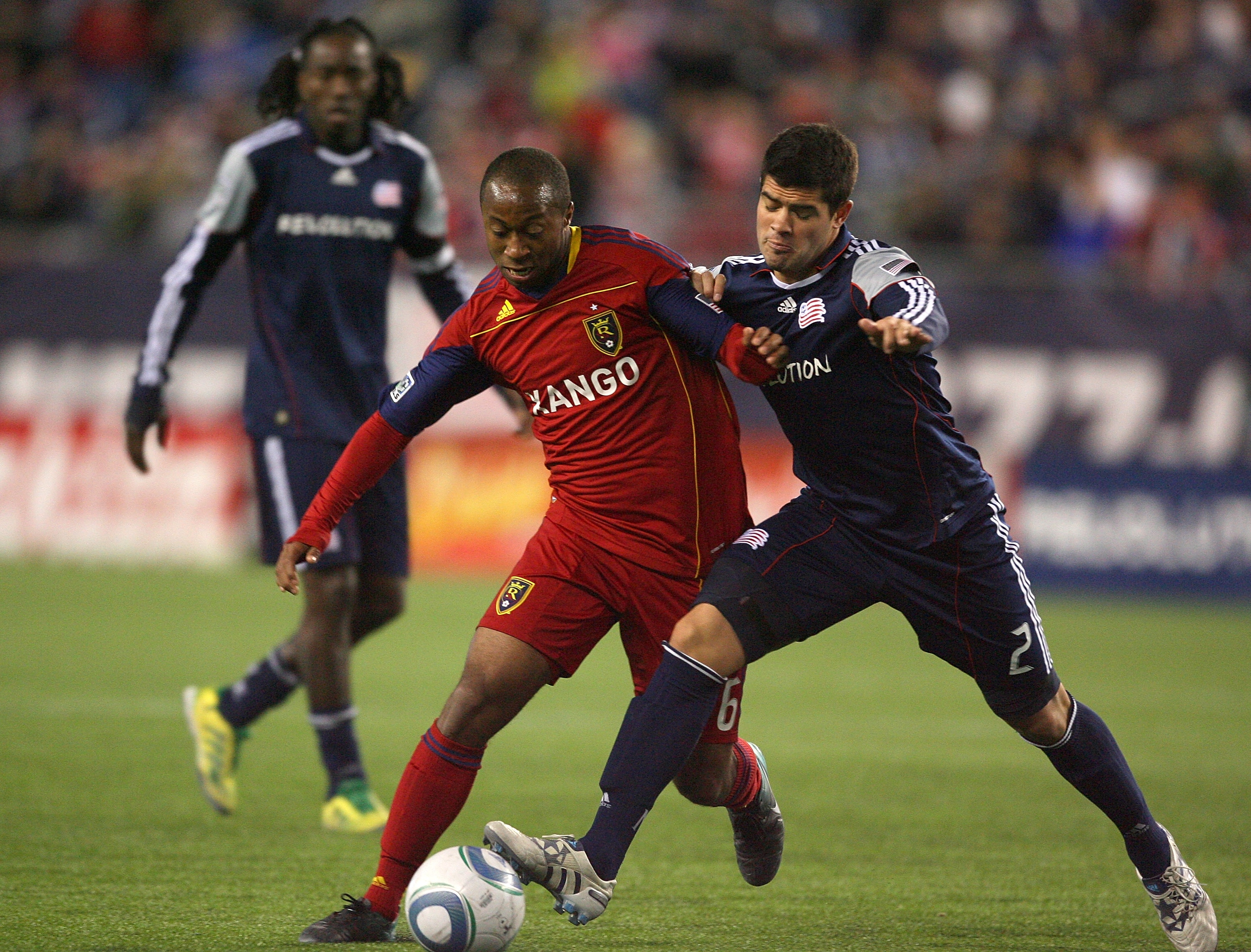FOXBORO, MA - APRIL 9:  Franco Coria #2 of the New England Revolution battles Nat Borchers #6 of Real Salt Lake at Gillette Stadium April 9, 2011 in Foxboro, Massachusetts. (Photo by Gail Oskin/Getty Images)
